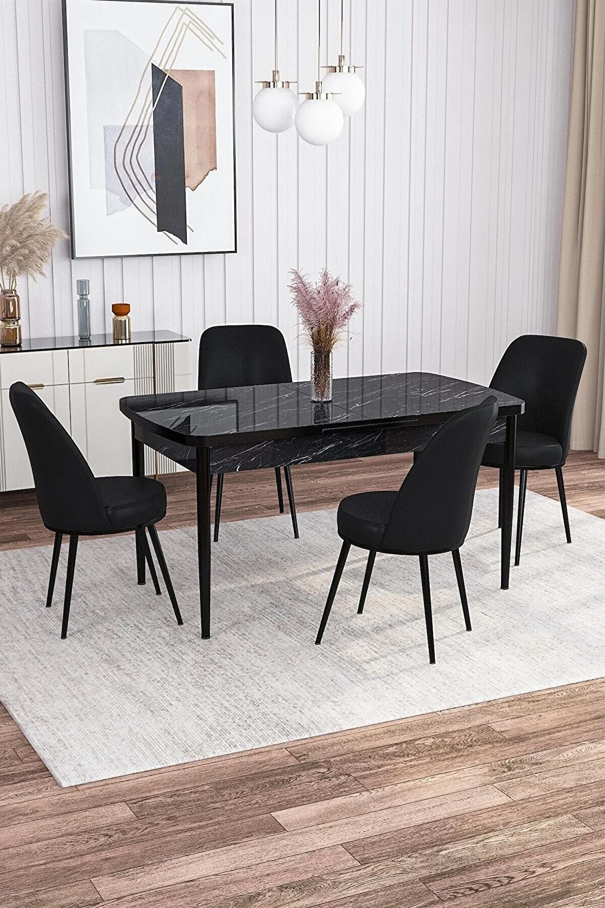 Rovena Marin Siyah Mermer 80x132 Açılabilir Suntalam Yemek Odası Takımı 4 Adet Sandalye