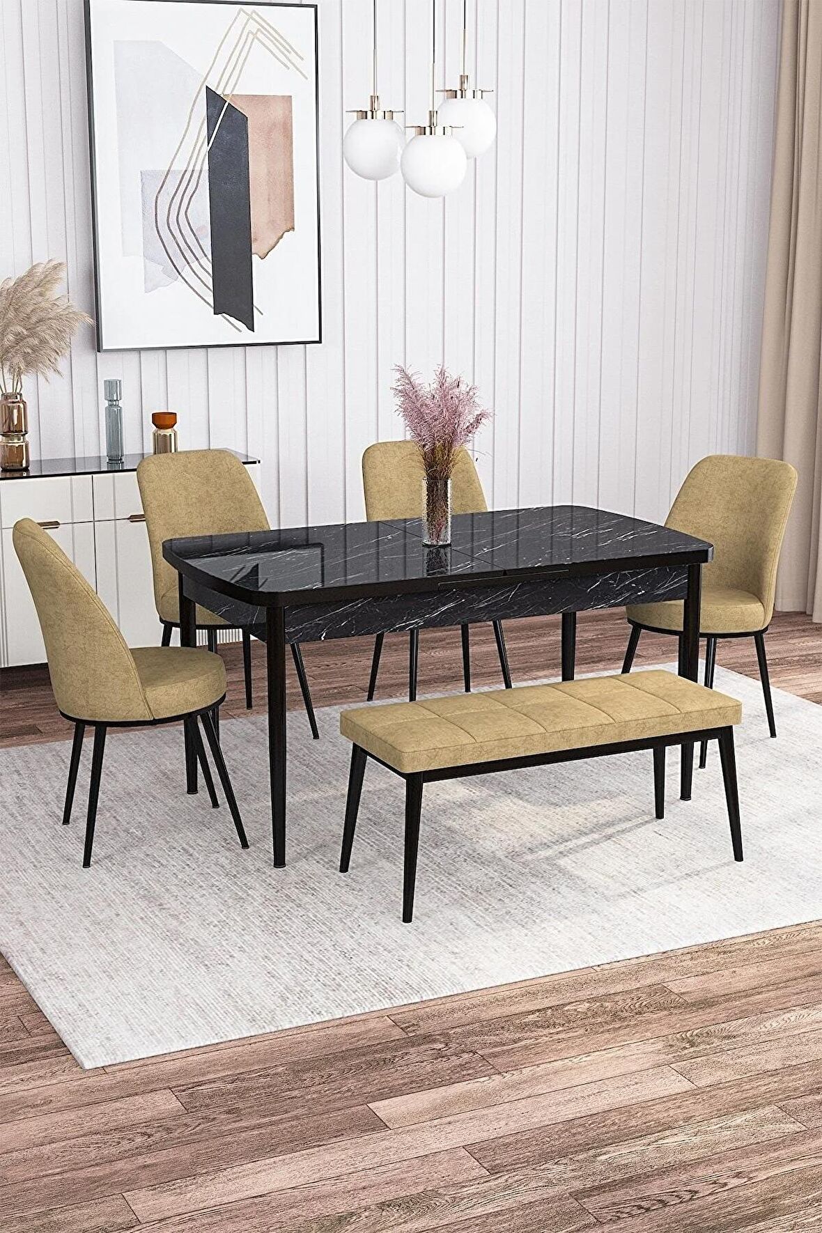 Rovena Marin Siyah Mermer 80x132 Açılabilir Suntalam Yemek Odası Takımı 4 Adet Sandalye + 1 Bench