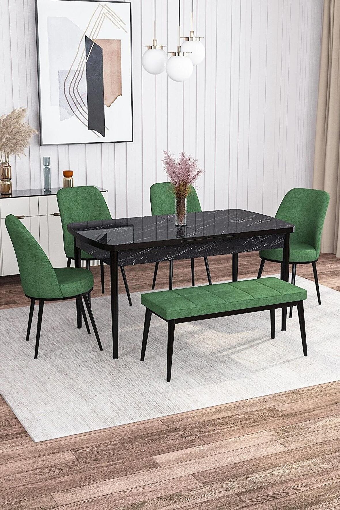 Rovena Marin Siyah Mermer 80x132 Açılabilir Suntalam Yemek Odası Takımı 4 Adet Sandalye + 1 Bench