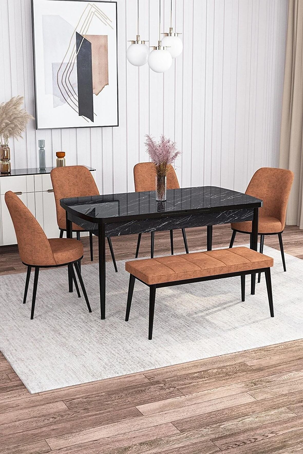Rovena Marin Siyah Mermer 80x132 Açılabilir Suntalam Yemek Odası Takımı 4 Adet Sandalye + 1 Bench