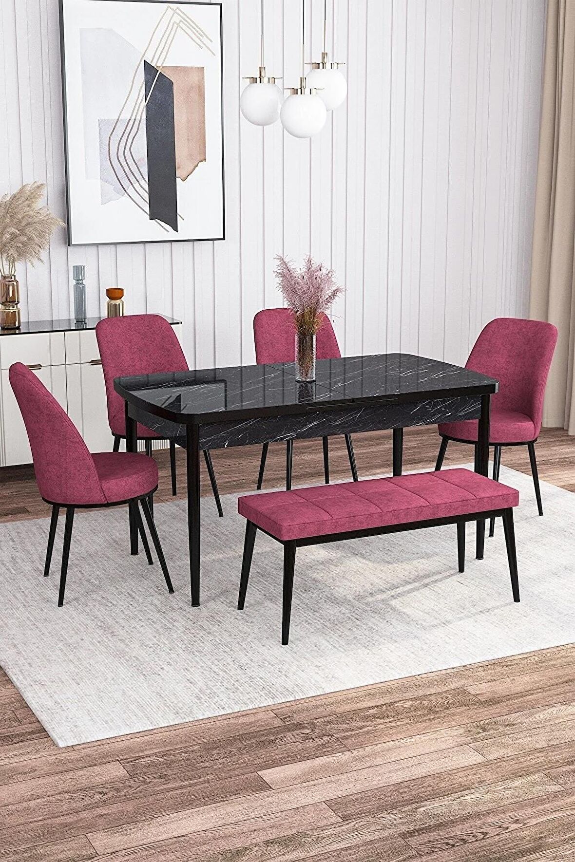 Rovena Marin Siyah Mermer 80x132 Açılabilir Suntalam Yemek Odası Takımı 4 Adet Sandalye + 1 Bench