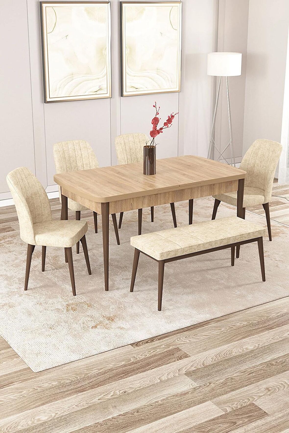 Rovena Zayn Meşe 80x132 Açılabilir Suntalam Yemek Odası Takımı 4 Adet Sandalye + 1 Bench