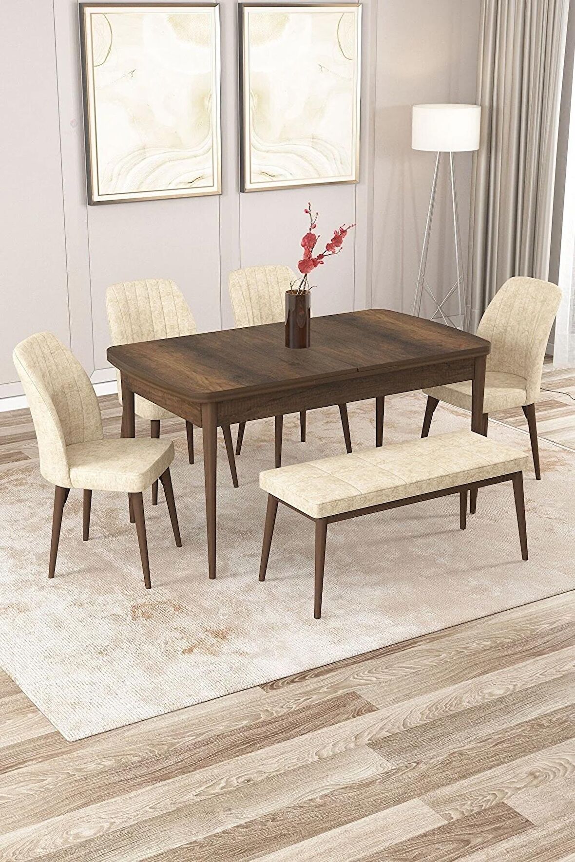 Rovena Zayn Barok 80x132 Açılabilir Suntalam Yemek Odası Takımı 4 Adet Sandalye + 1 Bench