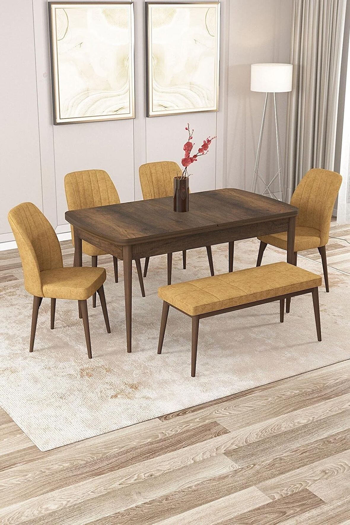 Rovena Zayn Barok 80x132 Açılabilir Suntalam Yemek Odası Takımı 4 Adet Sandalye + 1 Bench