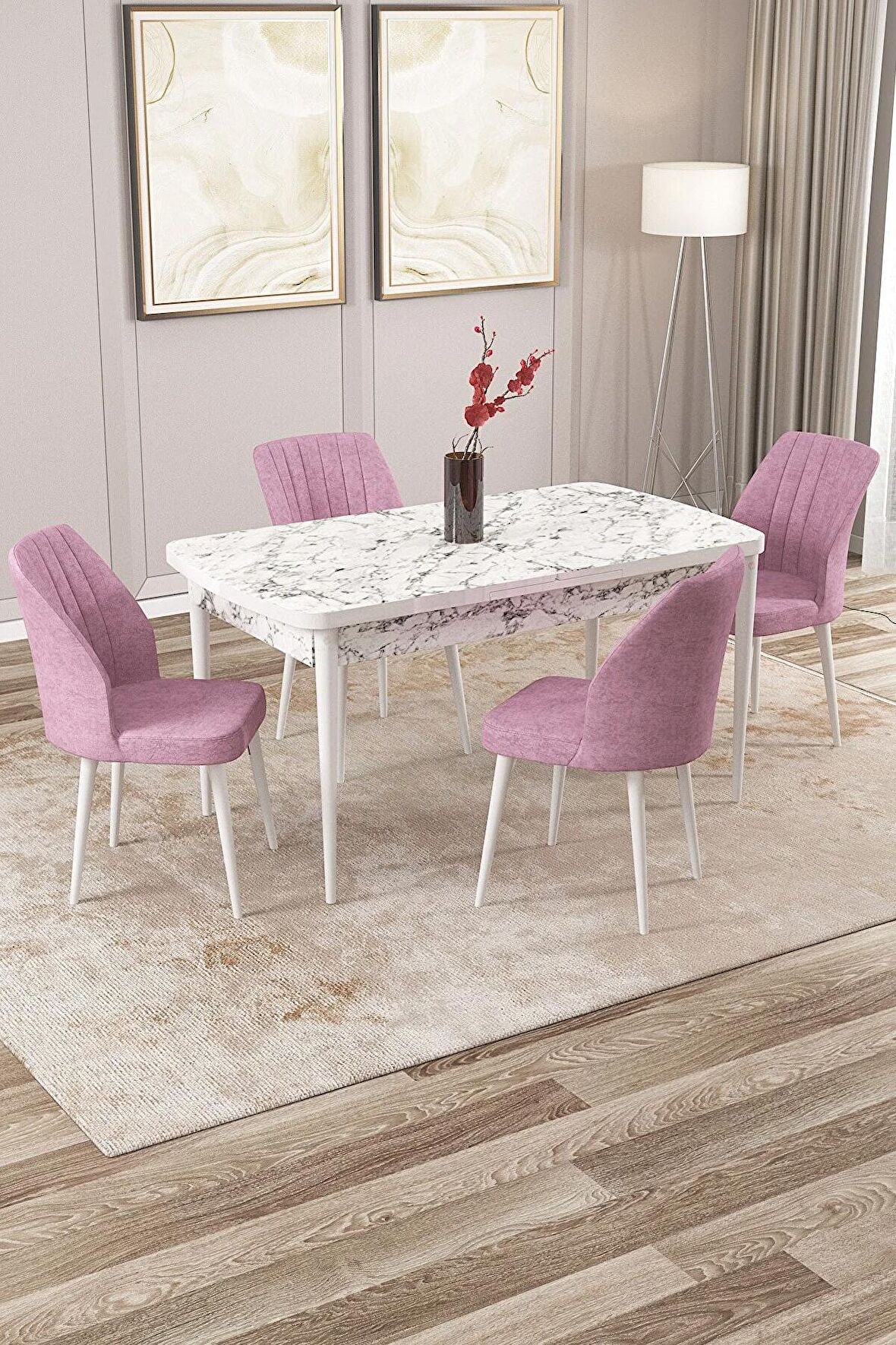 Rovena Zayn Beyaz Mermer 80x132 Açılabilir Suntalam Yemek Odası Takımı 4 Adet Sandalye