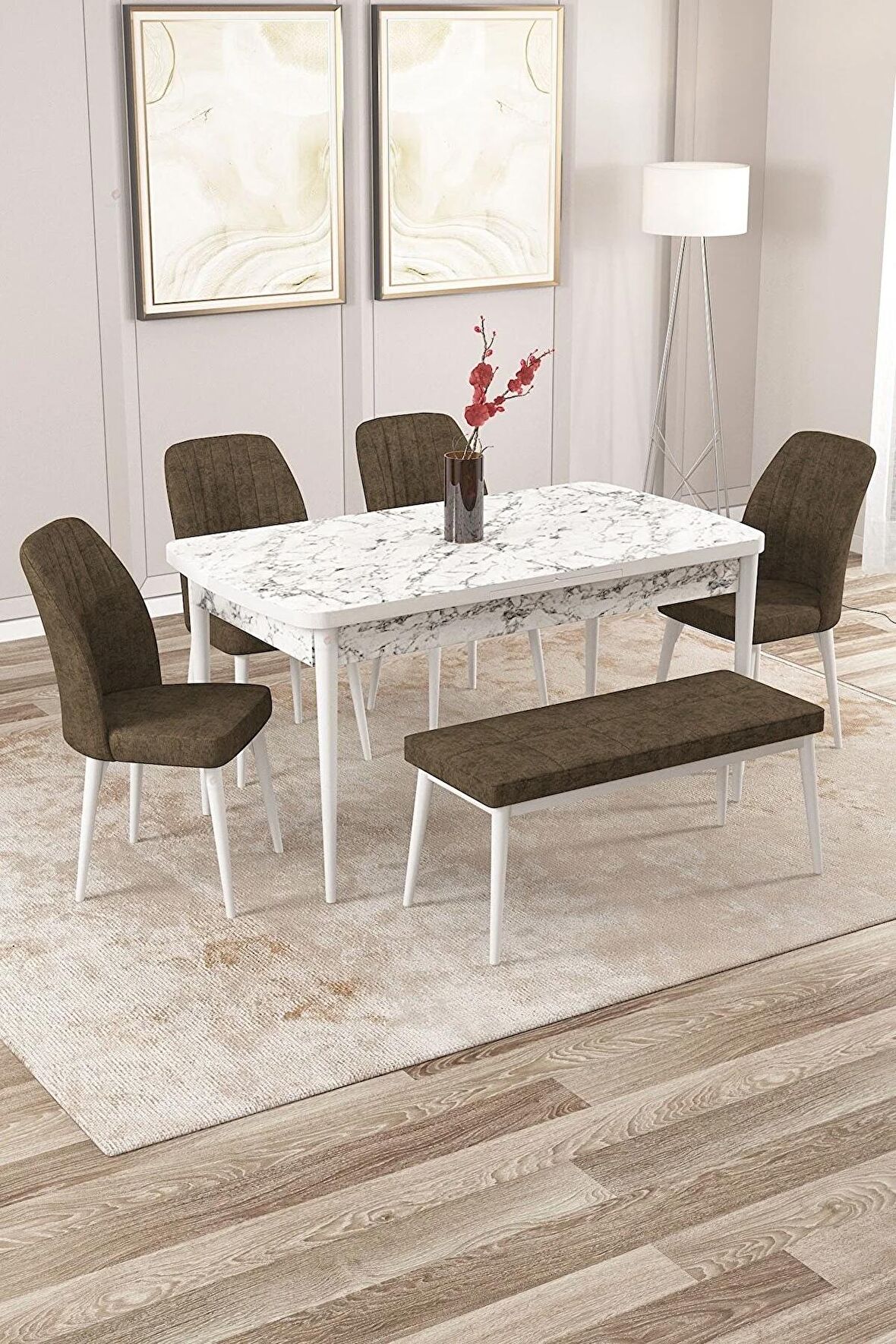 Rovena Zayn Beyaz Mermer 80x132 Açılabilir Suntalam Yemek Odası Takımı 4 Adet Sandalye + 1 Bench