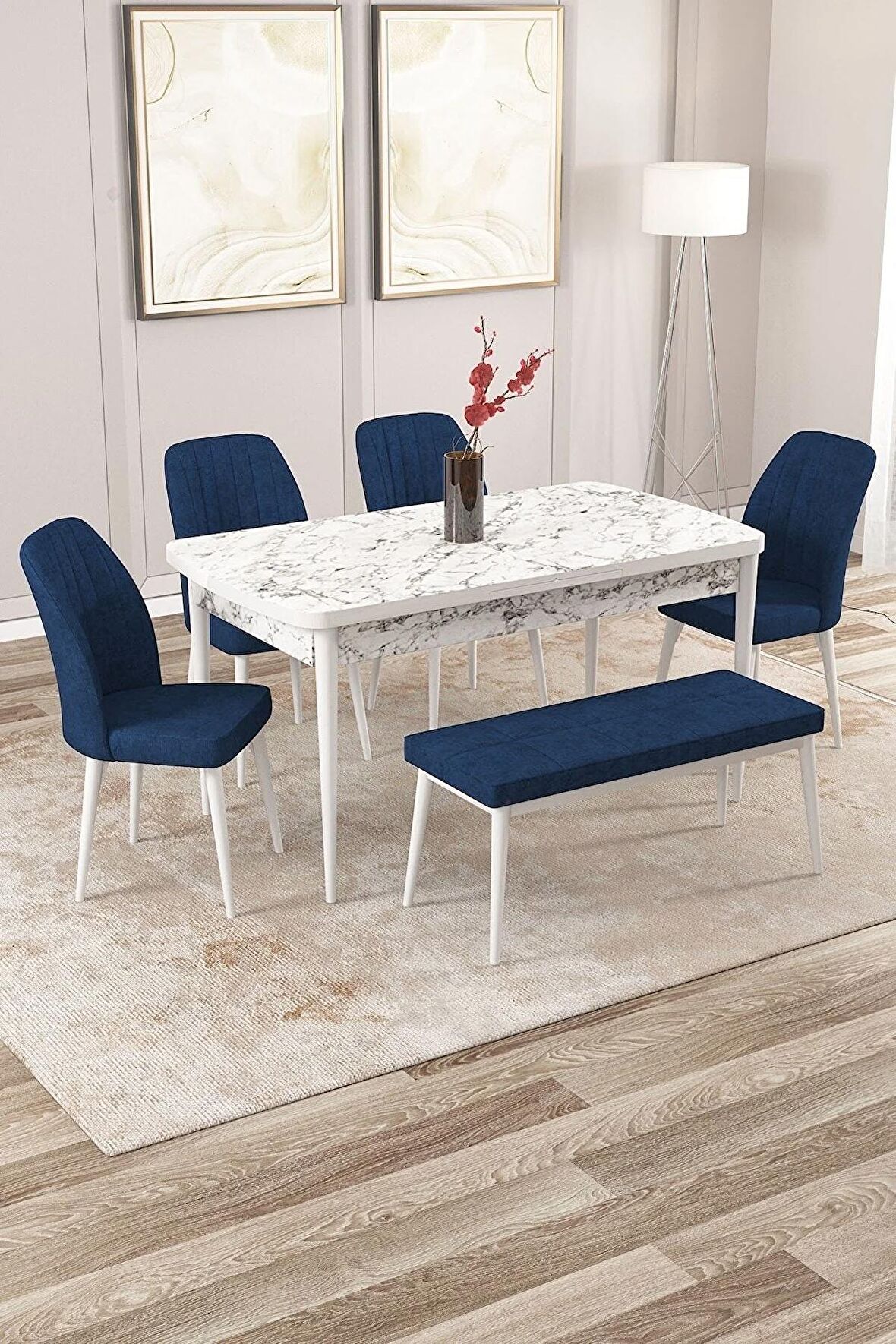 Rovena Zayn Beyaz Mermer 80x132 Açılabilir Suntalam Yemek Odası Takımı 4 Adet Sandalye + 1 Bench