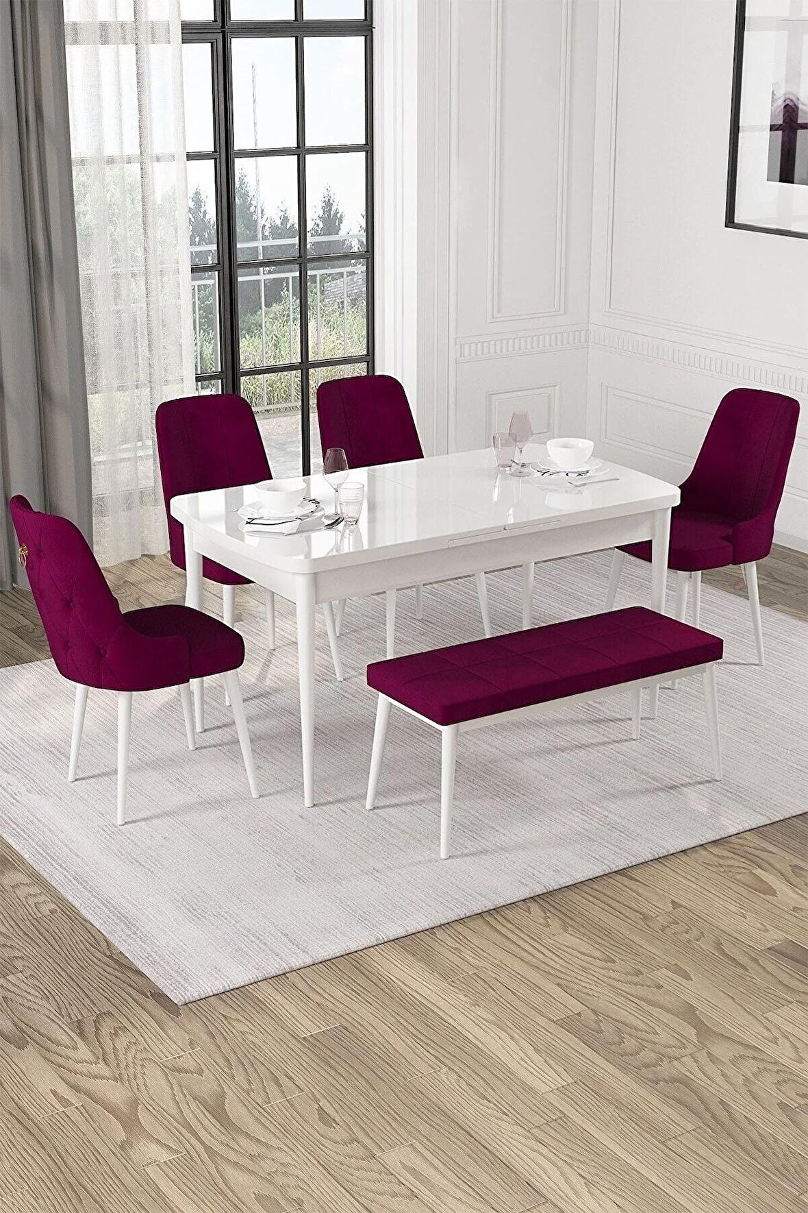 Rovena Alya Beyaz 80x132 Açılabilir Mdf Mutfak Masası Takımı 4 Adet Sandalye+1 Bench