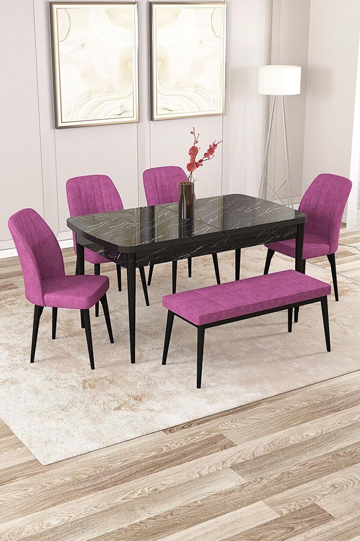 Rovena Zayn Siyah Mermer 80x132 Açılabilir Suntalam Yemek Odası Takımı 4 Adet Sandalye + 1 Bench