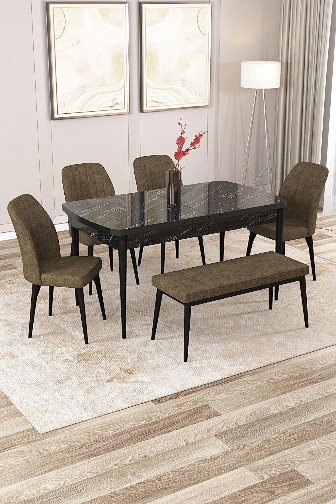 Rovena Zayn Siyah Mermer 80x132 Açılabilir Suntalam Yemek Odası Takımı 4 Adet Sandalye + 1 Bench