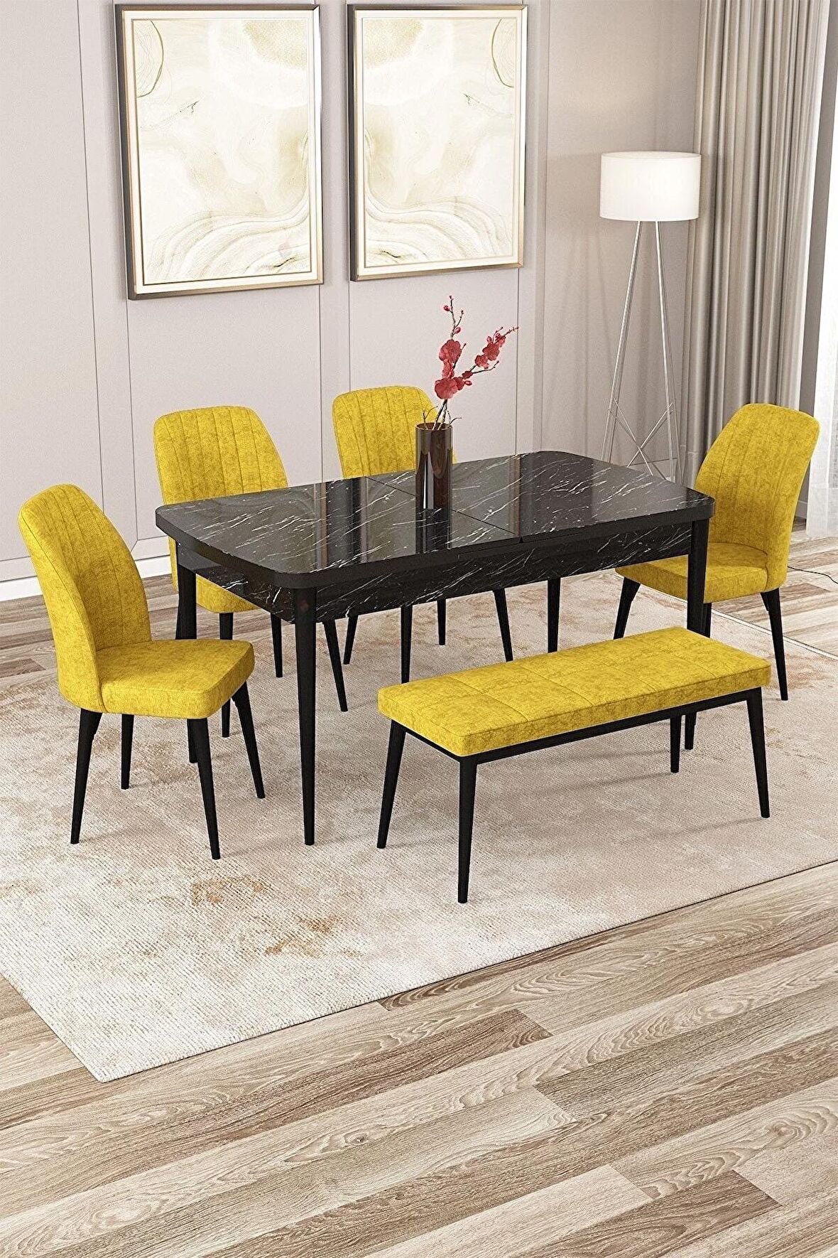 Rovena Zayn Siyah Mermer 80x132 Açılabilir Suntalam Yemek Odası Takımı 4 Adet Sandalye + 1 Bench