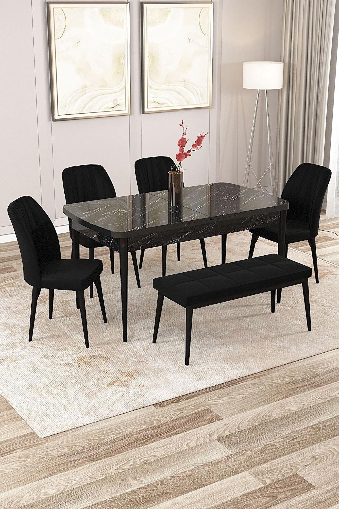 Rovena Zayn Siyah Mermer 80x132 Açılabilir Suntalam Yemek Odası Takımı 4 Adet Sandalye + 1 Bench