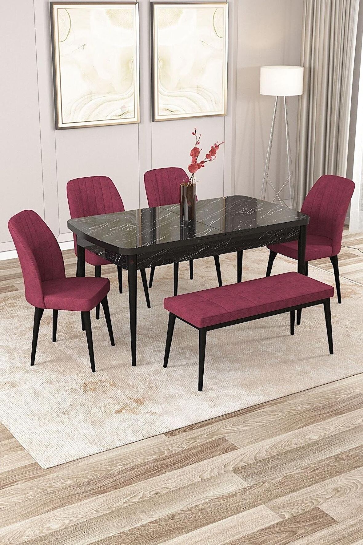 Rovena Zayn Siyah Mermer 80x132 Açılabilir Suntalam Yemek Odası Takımı 4 Adet Sandalye + 1 Bench