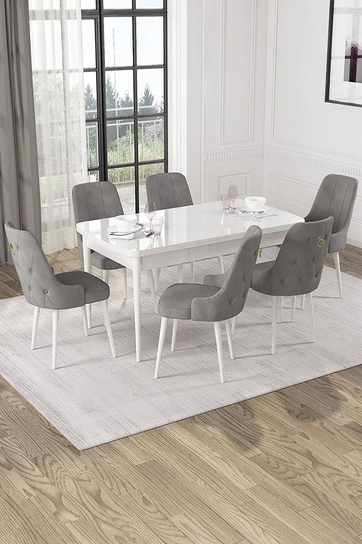 Rovena Alya Beyaz 80x132 Açılabilir Mdf Mutfak Masası Takımı 6 Adet Sandalye