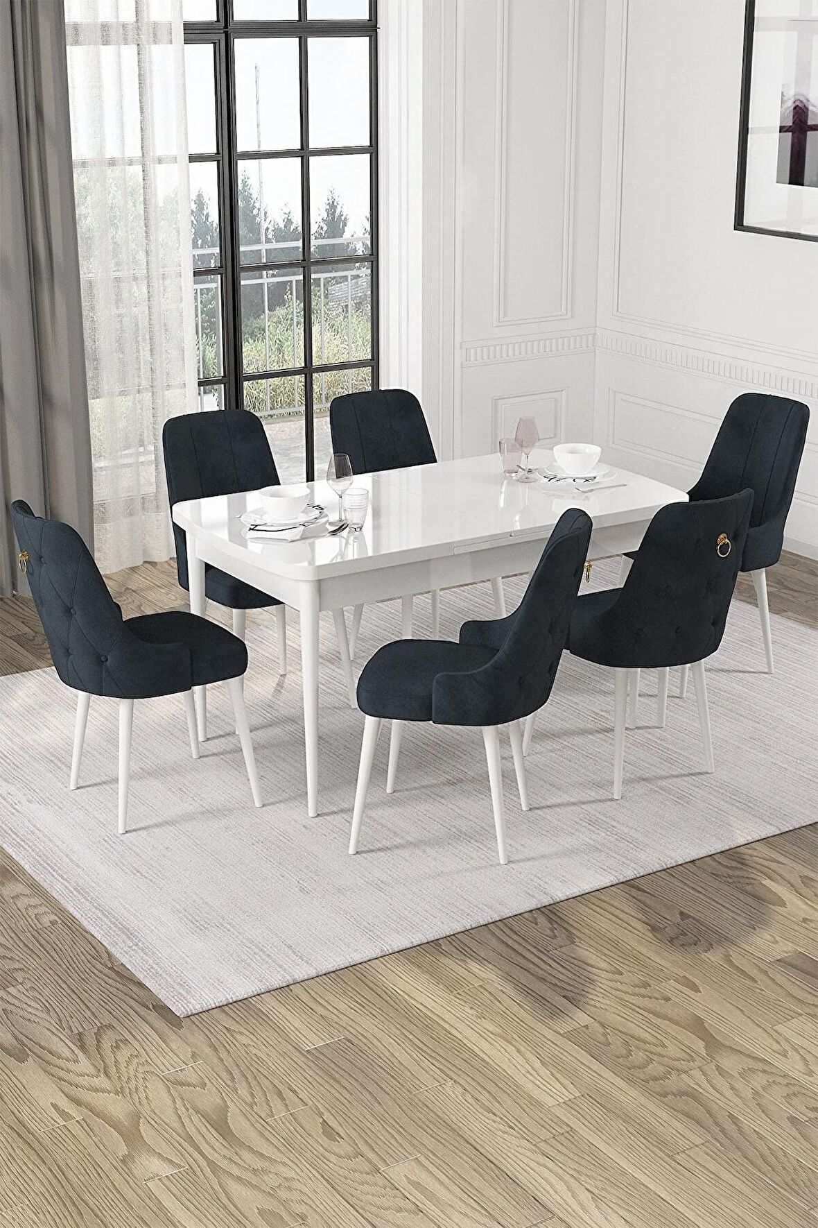 Rovena Alya Beyaz 80x132 Açılabilir Mdf Mutfak Masası Takımı 6 Adet Sandalye