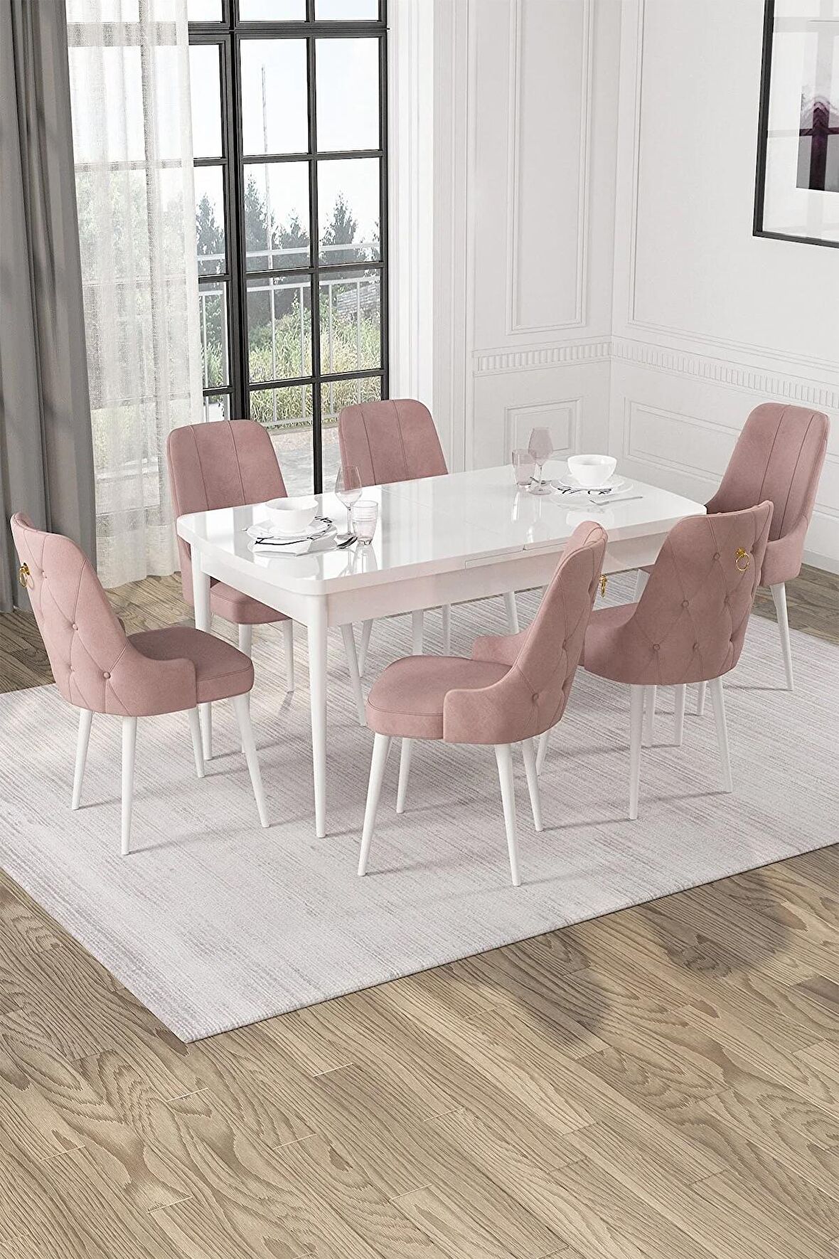 Rovena Alya Beyaz 80x132 Açılabilir Mdf Mutfak Masası Takımı 6 Adet Sandalye