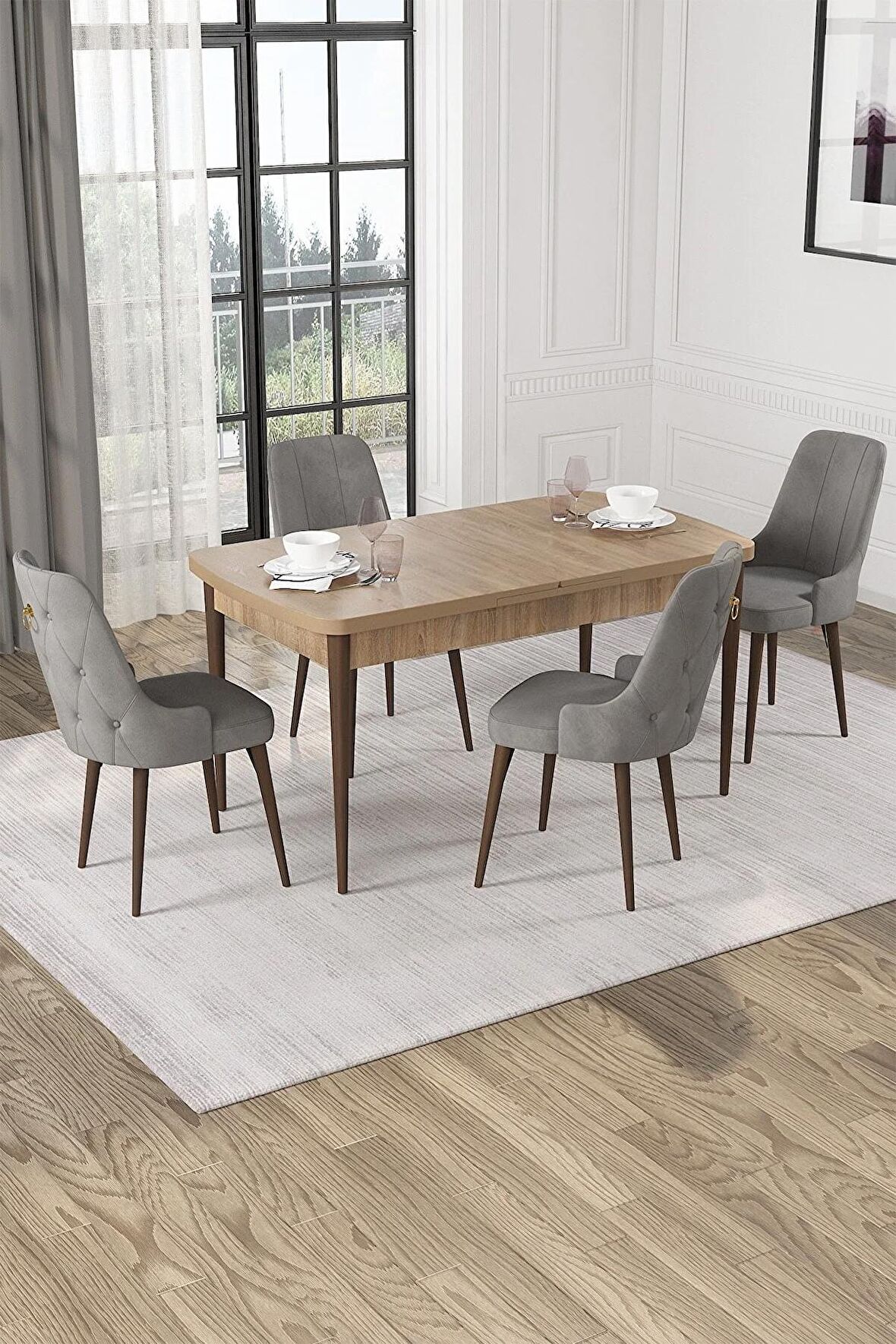 Rovena Alya Meşe 80x132 Açılabilir Mdf Mutfak Masası Takımı 4 Adet Sandalye