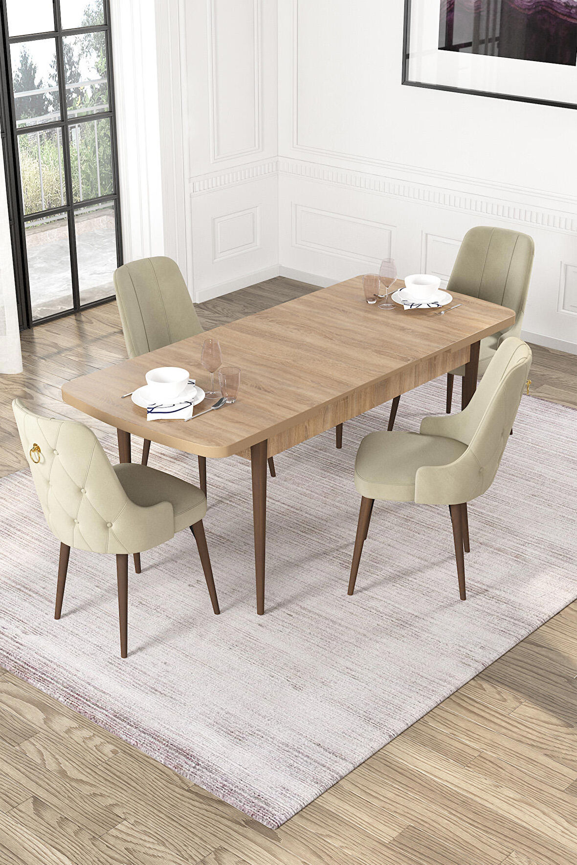 Rovena Alya Meşe 80x132 Açılabilir Mdf Mutfak Masası Takımı 4 Adet Sandalye