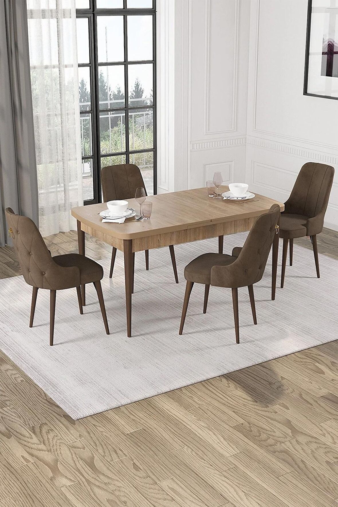 Rovena Alya Meşe 80x132 Açılabilir Mdf Mutfak Masası Takımı 4 Adet Sandalye