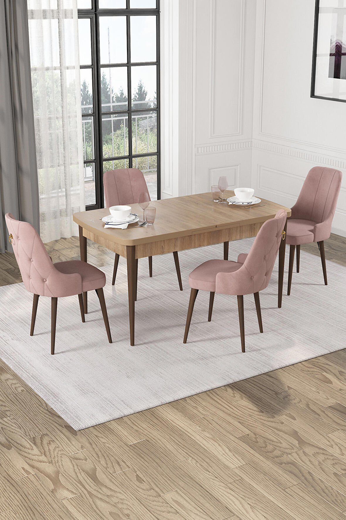 Rovena Alya Meşe 80x132 Açılabilir Mdf Mutfak Masası Takımı 4 Adet Sandalye