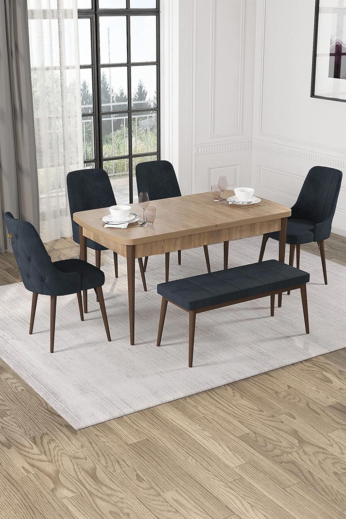 Rovena Alya Meşe 80x132 Açılabilir Mdf Mutfak Masası Takımı 4 Adet Sandalye+1 Bench