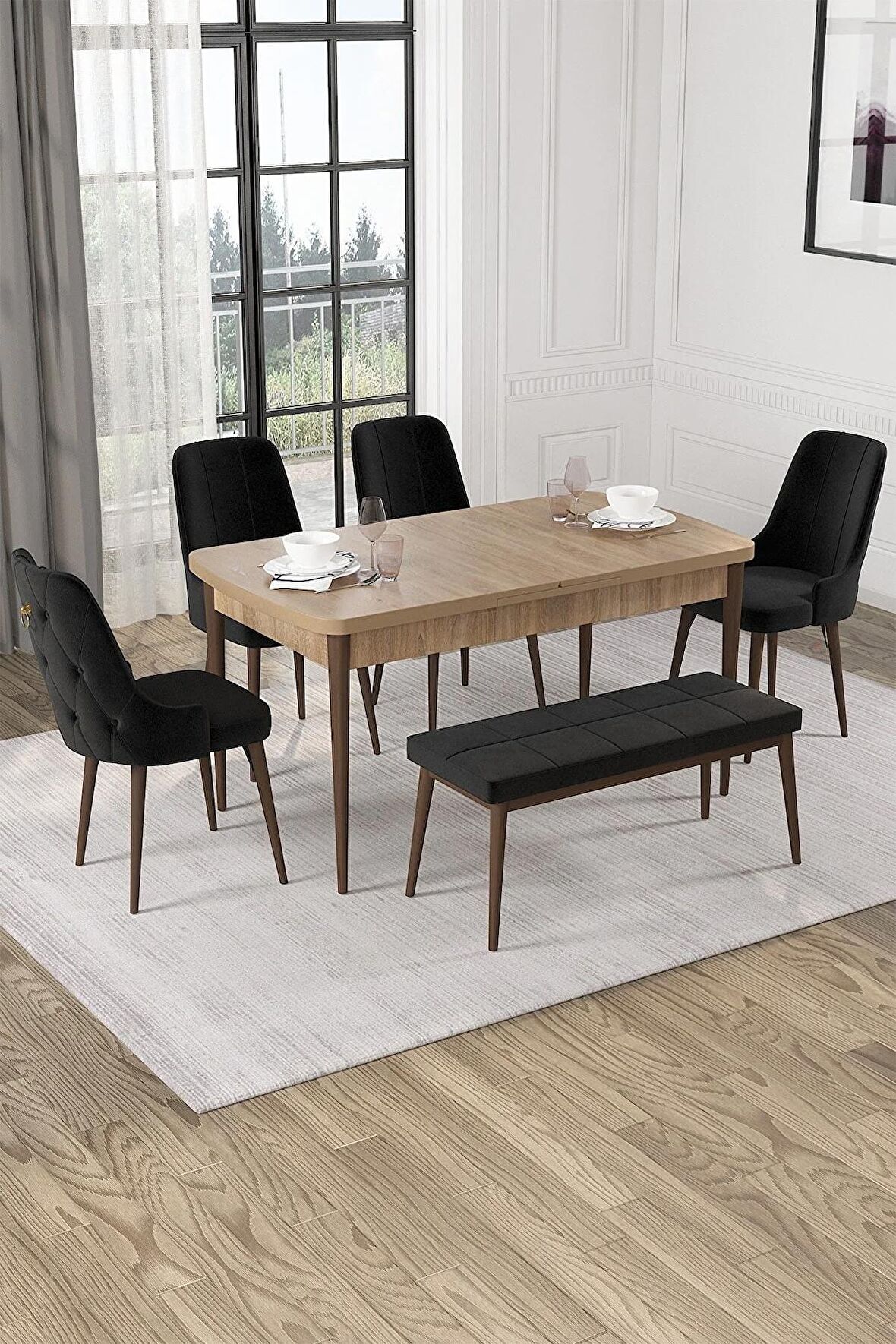 Rovena Alya Meşe 80x132 Açılabilir Mdf Mutfak Masası Takımı 4 Adet Sandalye+1 Bench