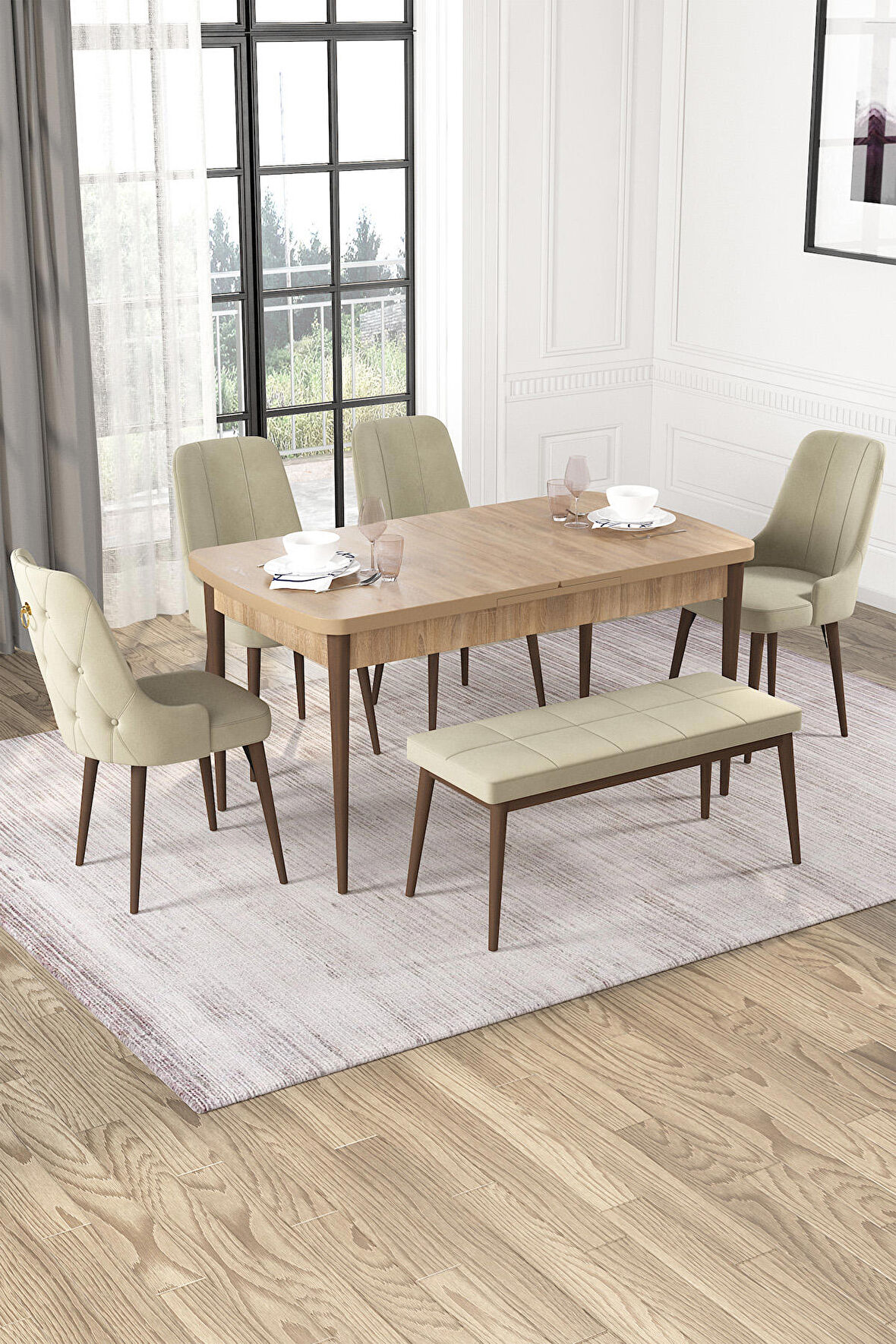 Rovena Alya Meşe 80x132 Açılabilir Mdf Mutfak Masası Takımı 4 Adet Sandalye+1 Bench