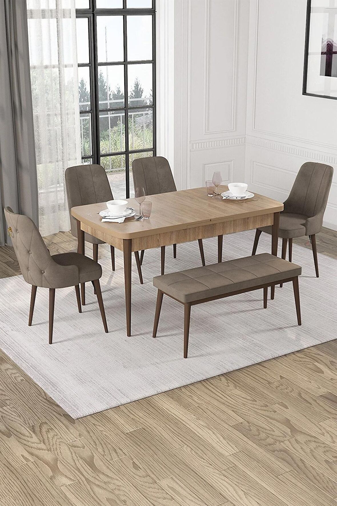 Rovena Alya Meşe 80x132 Açılabilir Mdf Mutfak Masası Takımı 4 Adet Sandalye+1 Bench
