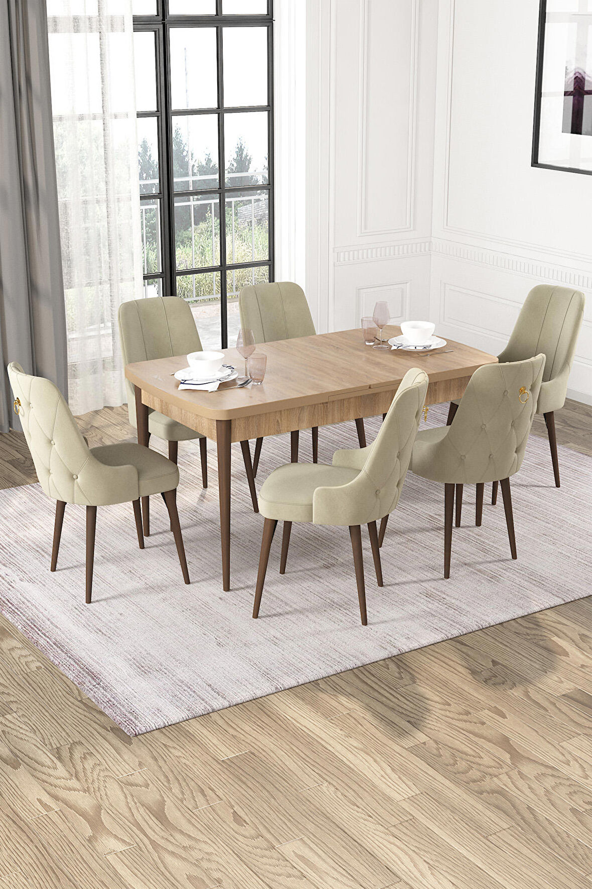 Rovena Alya Meşe 80x132 Açılabilir Mdf Mutfak Masası Takımı 6 Adet Sandalye