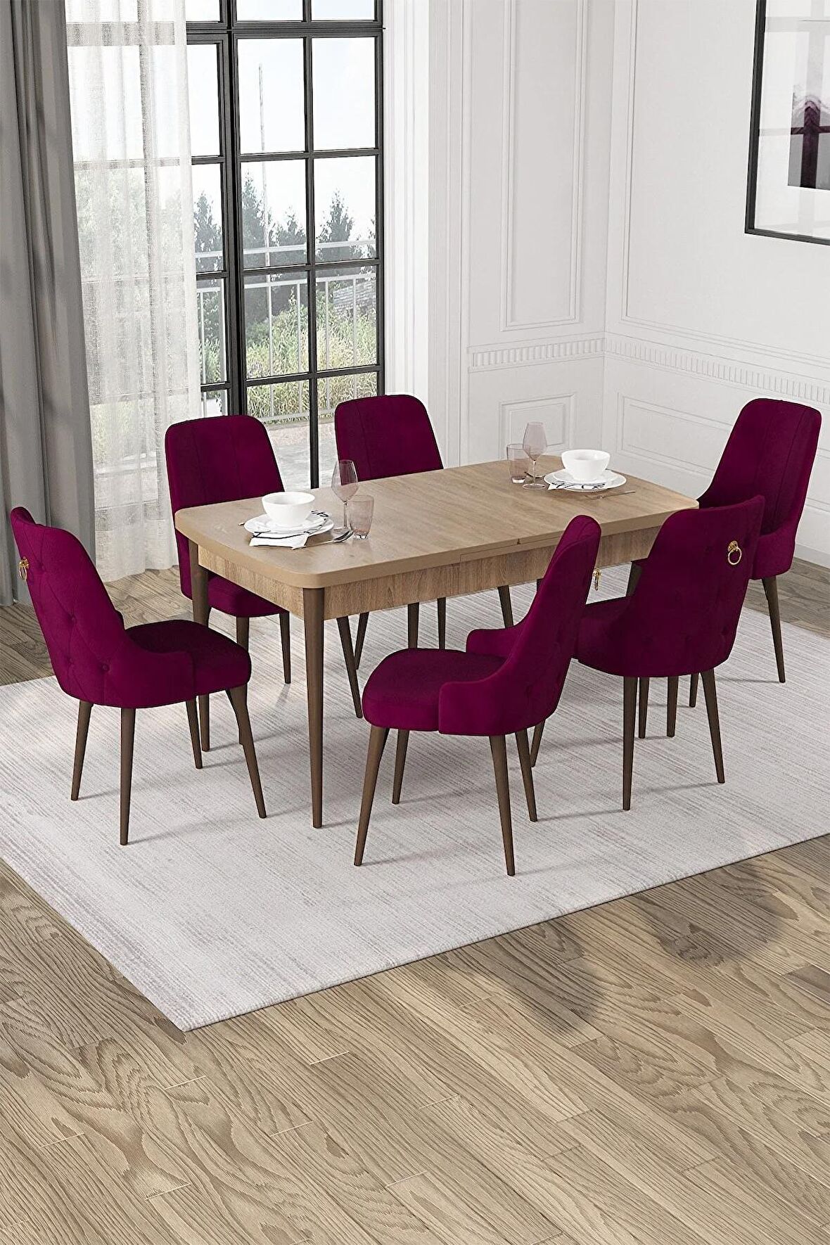 Rovena Alya Meşe 80x132 Açılabilir Mdf Mutfak Masası Takımı 6 Adet Sandalye