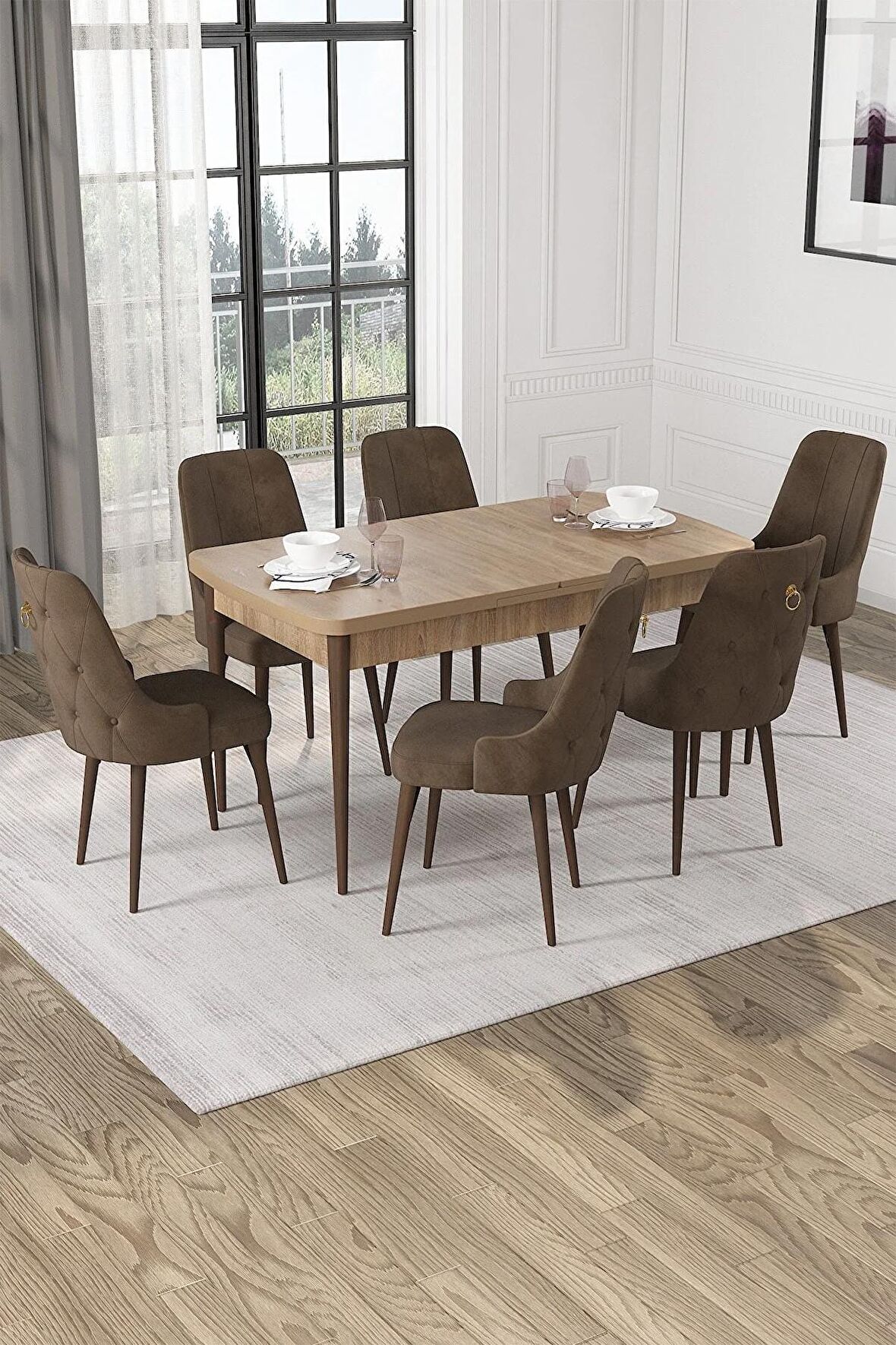 Rovena Alya Meşe 80x132 Açılabilir Mdf Mutfak Masası Takımı 6 Adet Sandalye