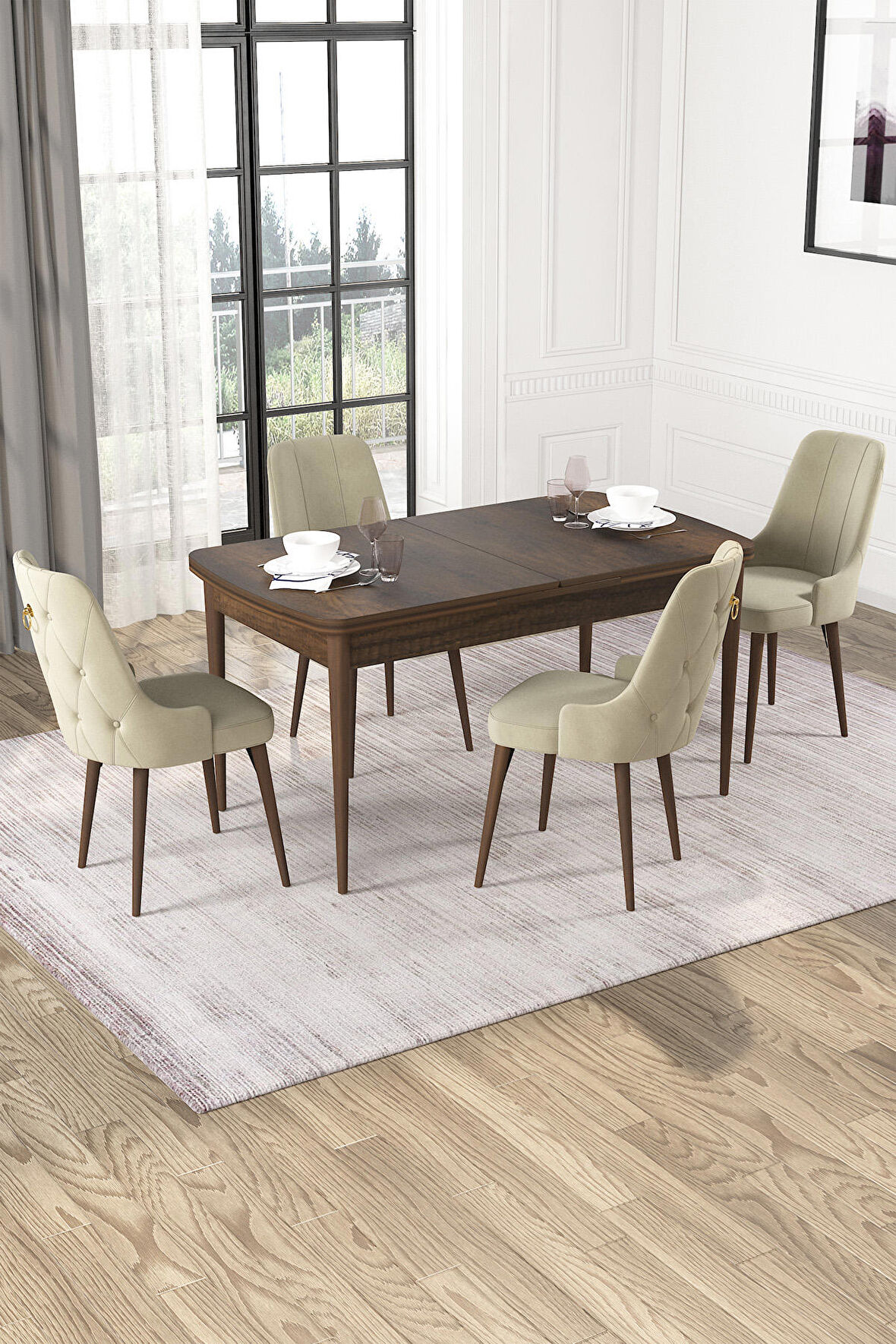 Rovena Alya Barok 80x132 Açılabilir Mdf Mutfak Masası Takımı 4 Adet Sandalye