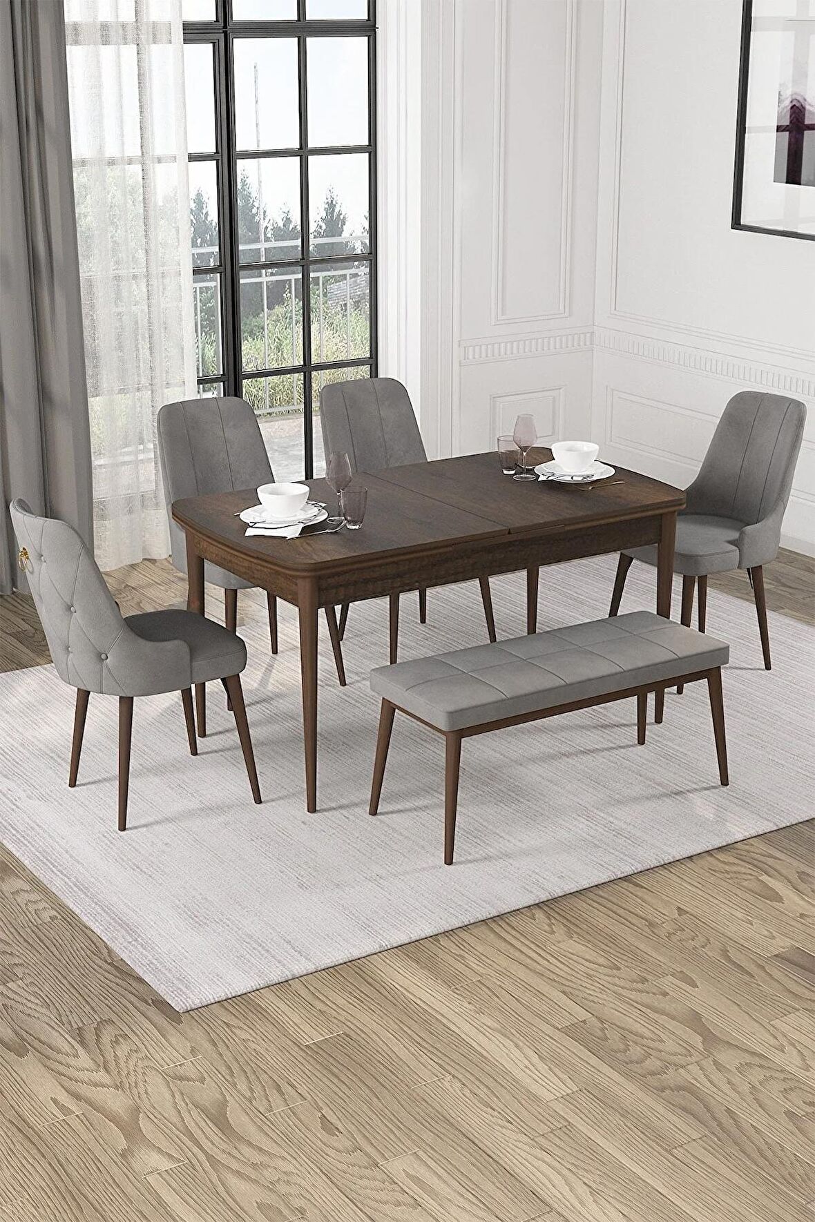 Rovena Alya Barok 80x132 Açılabilir Mdf Mutfak Masası Takımı 4 Adet Sandalye+1 Bench