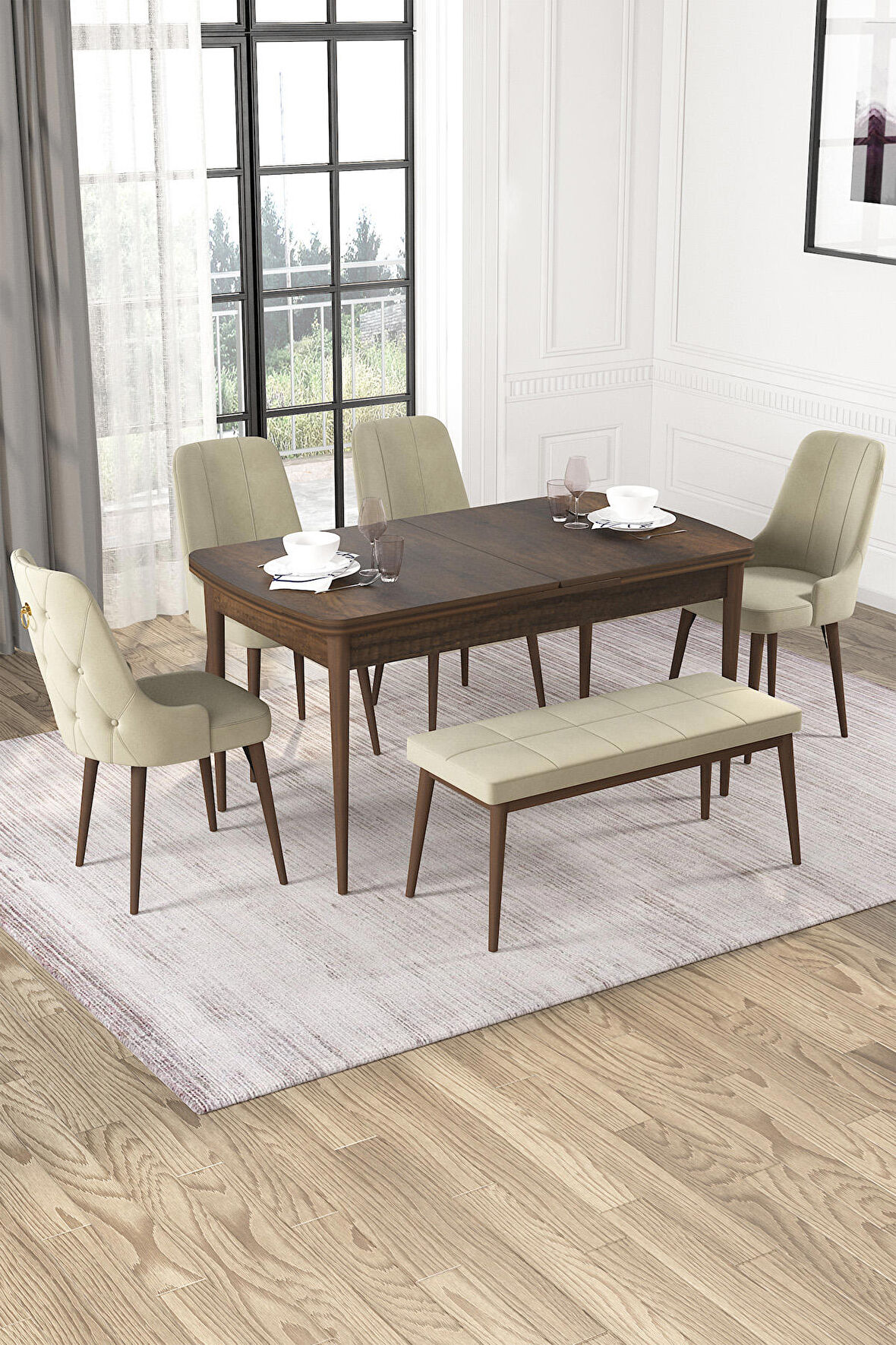 Rovena Alya Barok 80x132 Açılabilir Mdf Mutfak Masası Takımı 4 Adet Sandalye+1 Bench