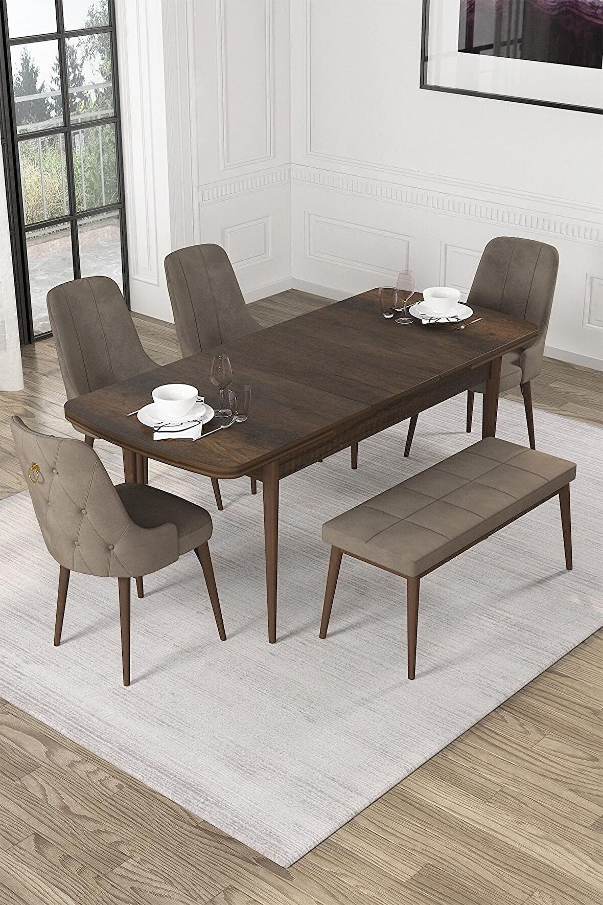 Rovena Alya Barok 80x132 Açılabilir Mdf Mutfak Masası Takımı 4 Adet Sandalye+1 Bench