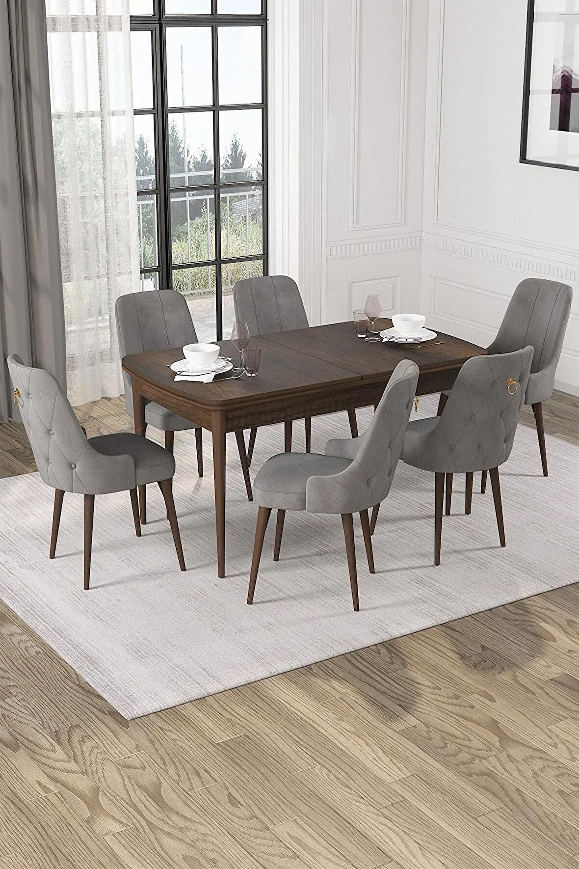 Rovena Alya Barok 80x132 Açılabilir Mdf Mutfak Masası Takımı 6 Adet Sandalye