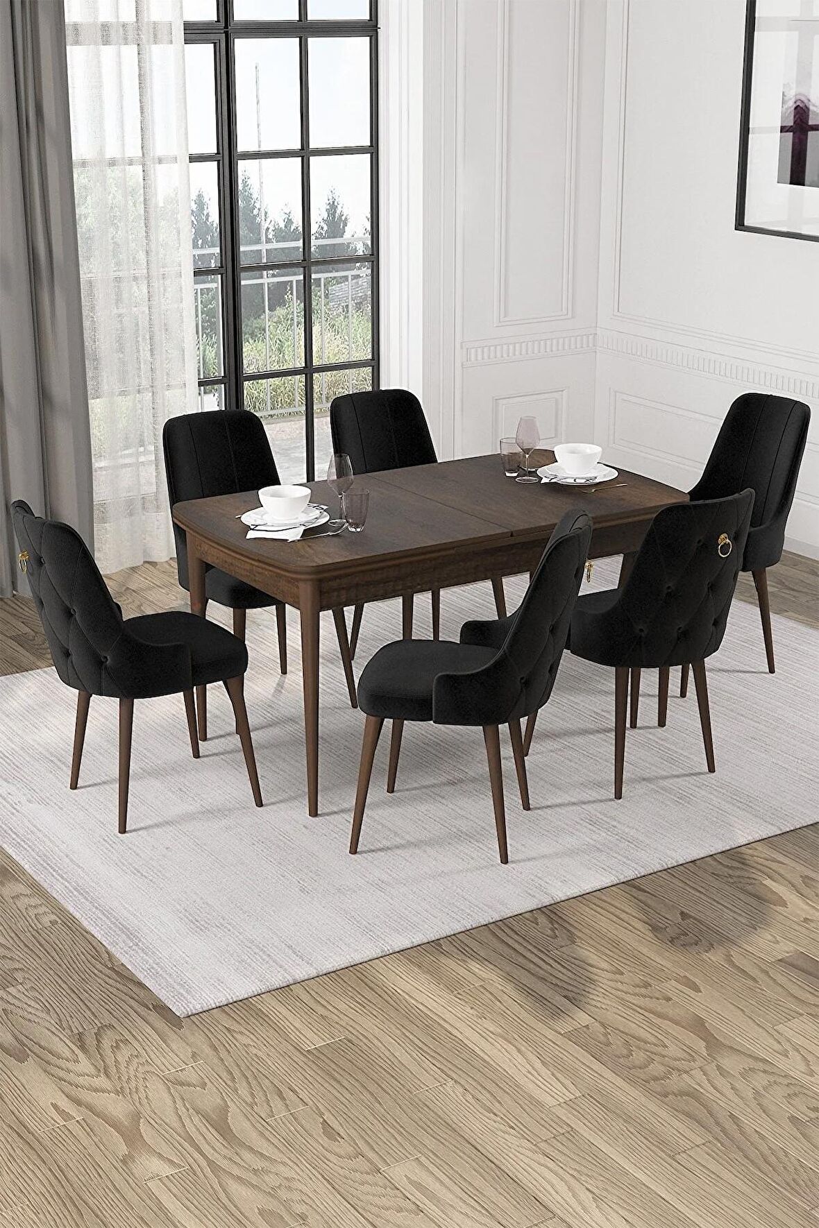 Rovena Alya Barok 80x132 Açılabilir Mdf Mutfak Masası Takımı 6 Adet Sandalye