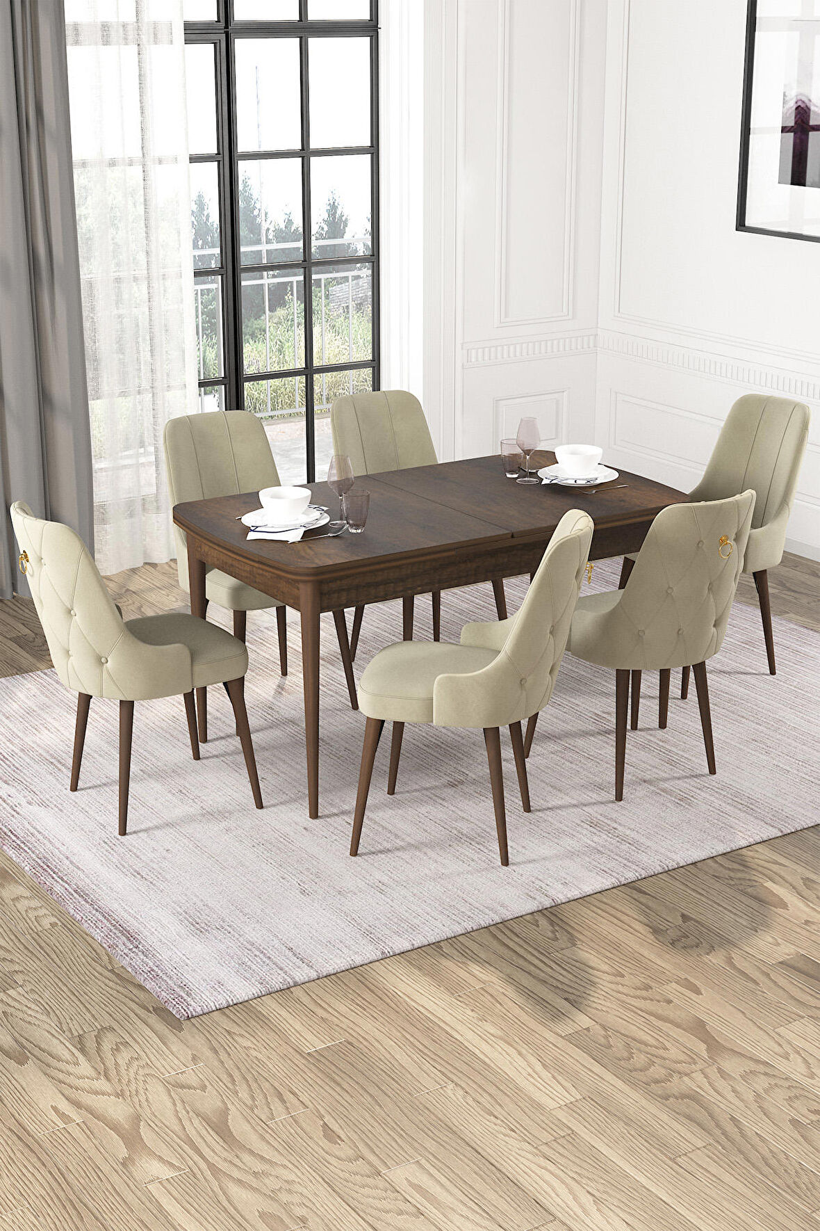 Rovena Alya Barok 80x132 Açılabilir Mdf Mutfak Masası Takımı 6 Adet Sandalye