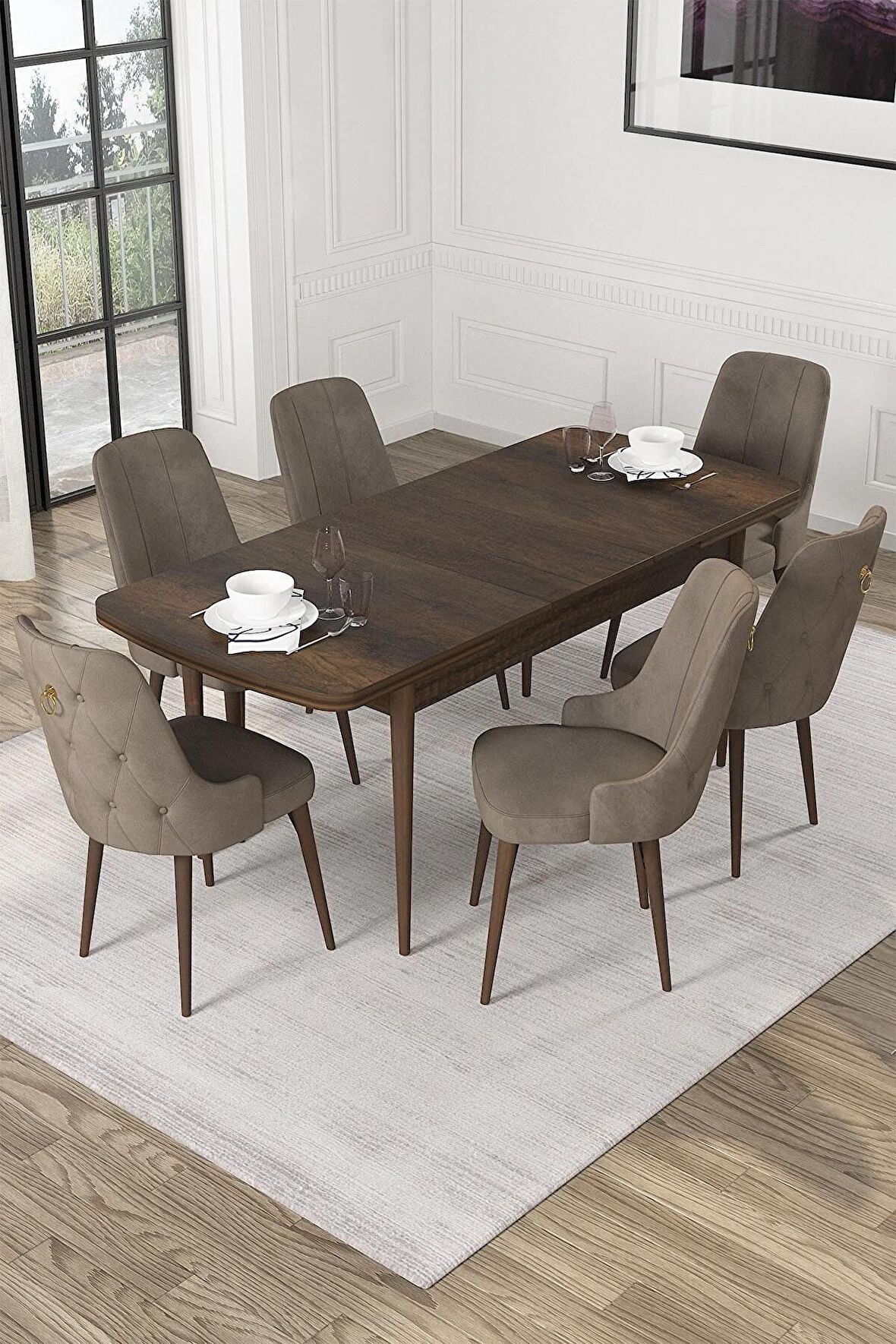 Rovena Alya Barok 80x132 Açılabilir Mdf Mutfak Masası Takımı 6 Adet Sandalye