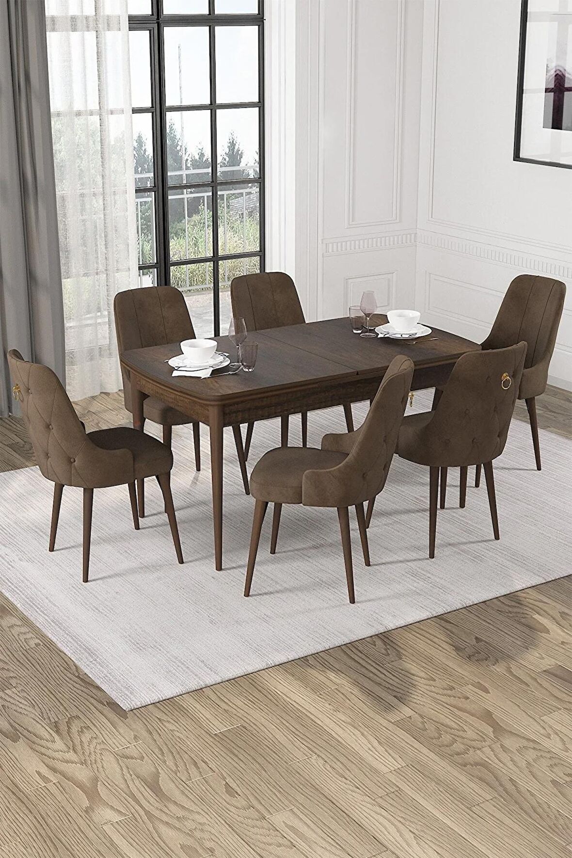Rovena Alya Barok 80x132 Açılabilir Mdf Mutfak Masası Takımı 6 Adet Sandalye