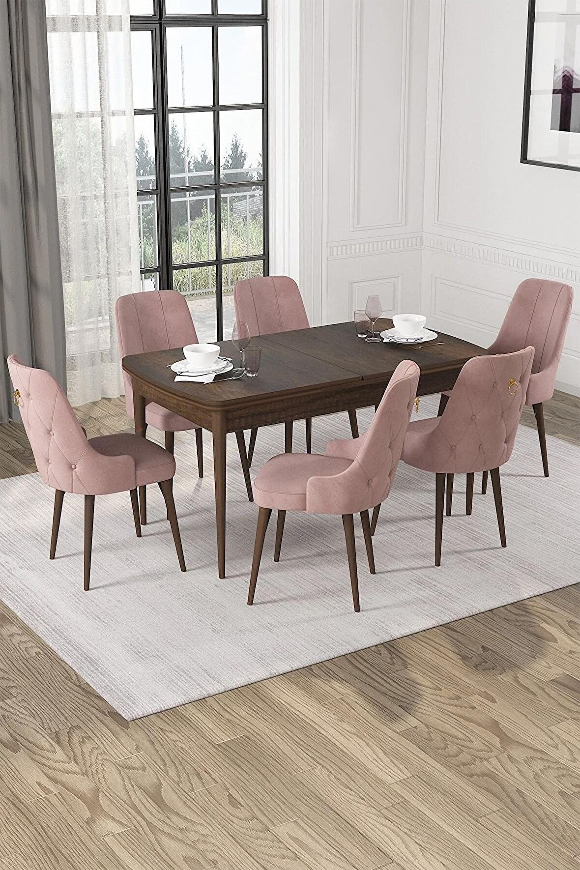 Rovena Alya Barok 80x132 Açılabilir Mdf Mutfak Masası Takımı 6 Adet Sandalye
