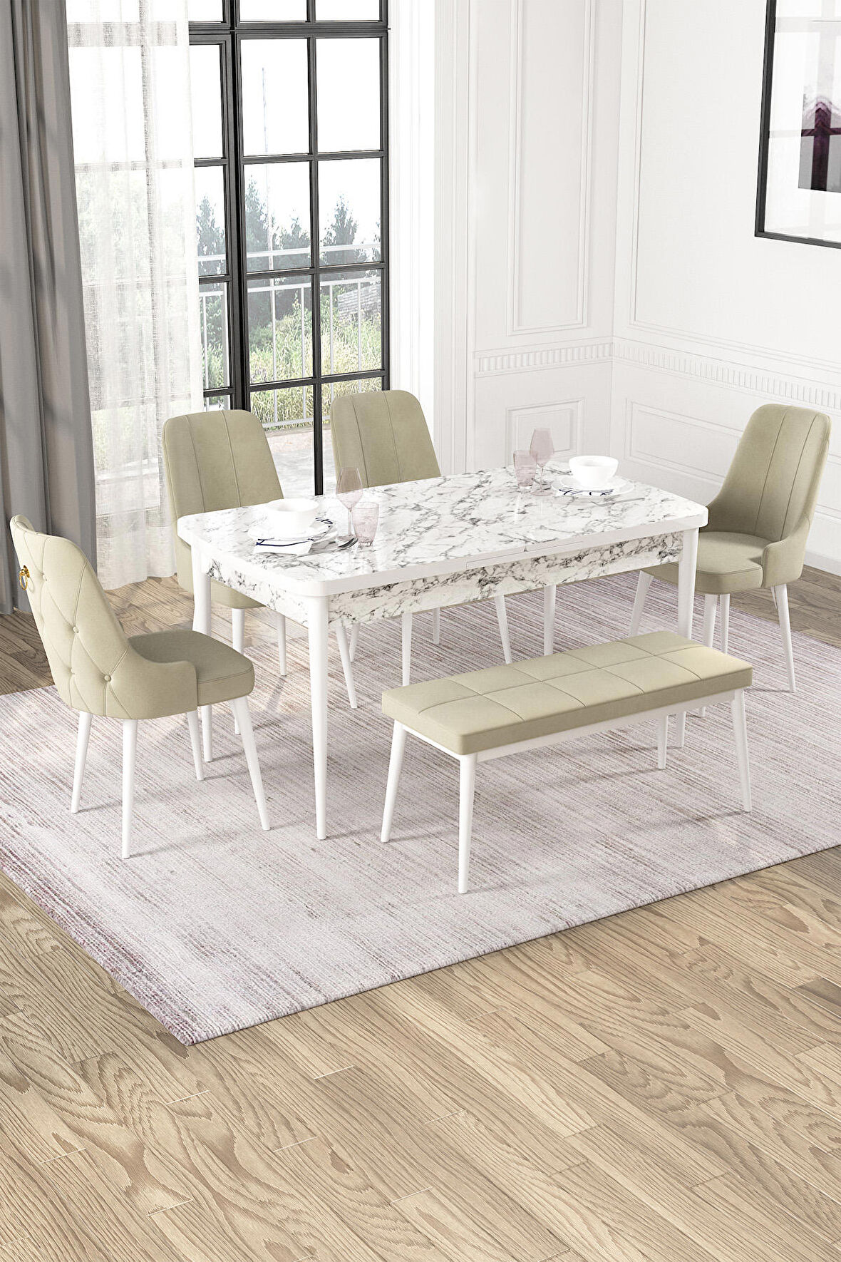 Rovena Alya Beyaz Mermer 80x132 Açılabilir Mdf Mutfak Masası Takımı 4 Adet Sandalye+1 Bench