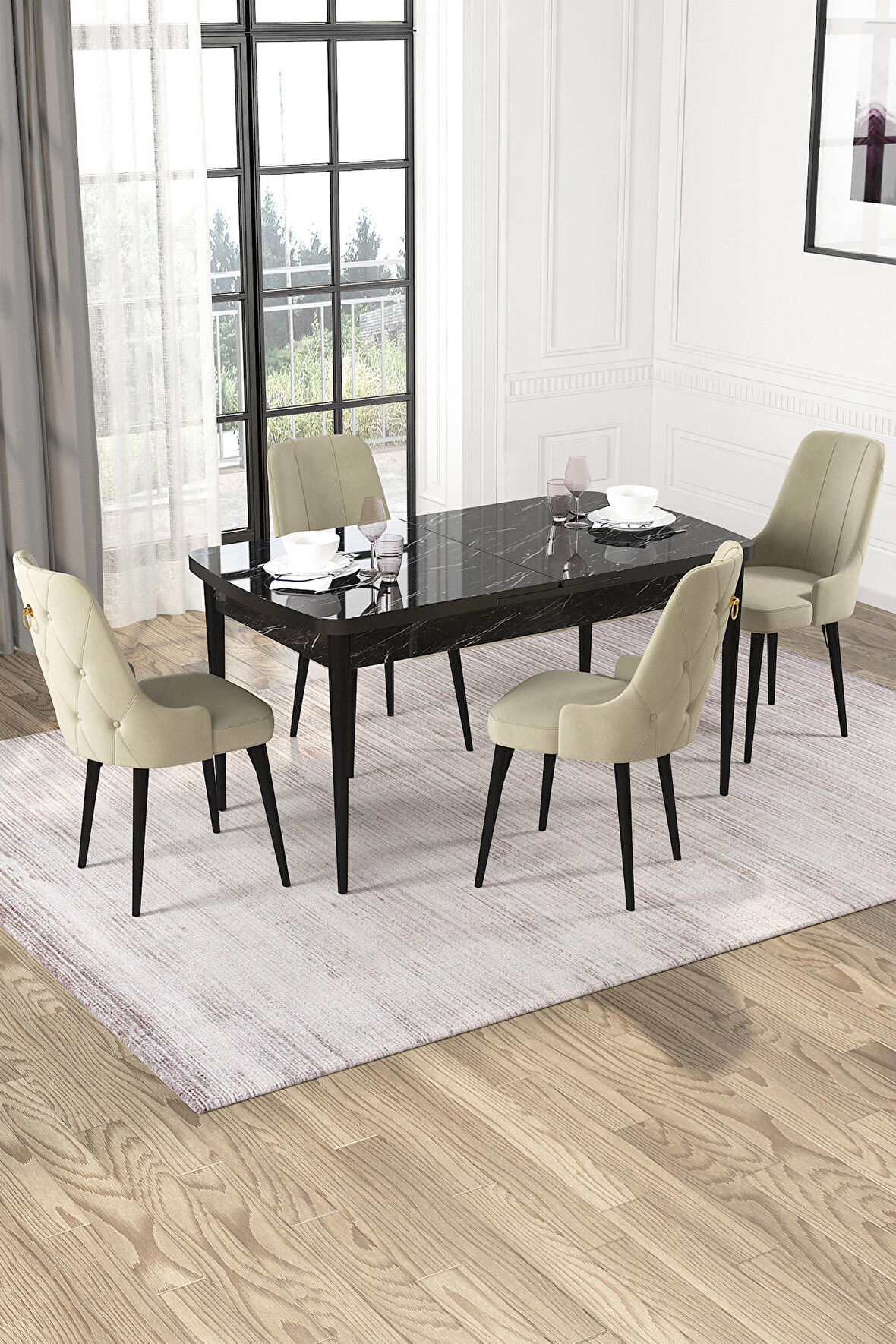 Rovena Alya Siyah Mermer 80x132 Açılabilir Mdf Mutfak Masası Takımı 4 Adet Sandalye