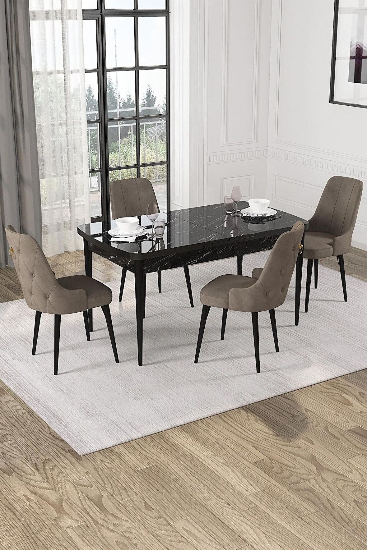 Rovena Alya Siyah Mermer 80x132 Açılabilir Mdf Mutfak Masası Takımı 4 Adet Sandalye