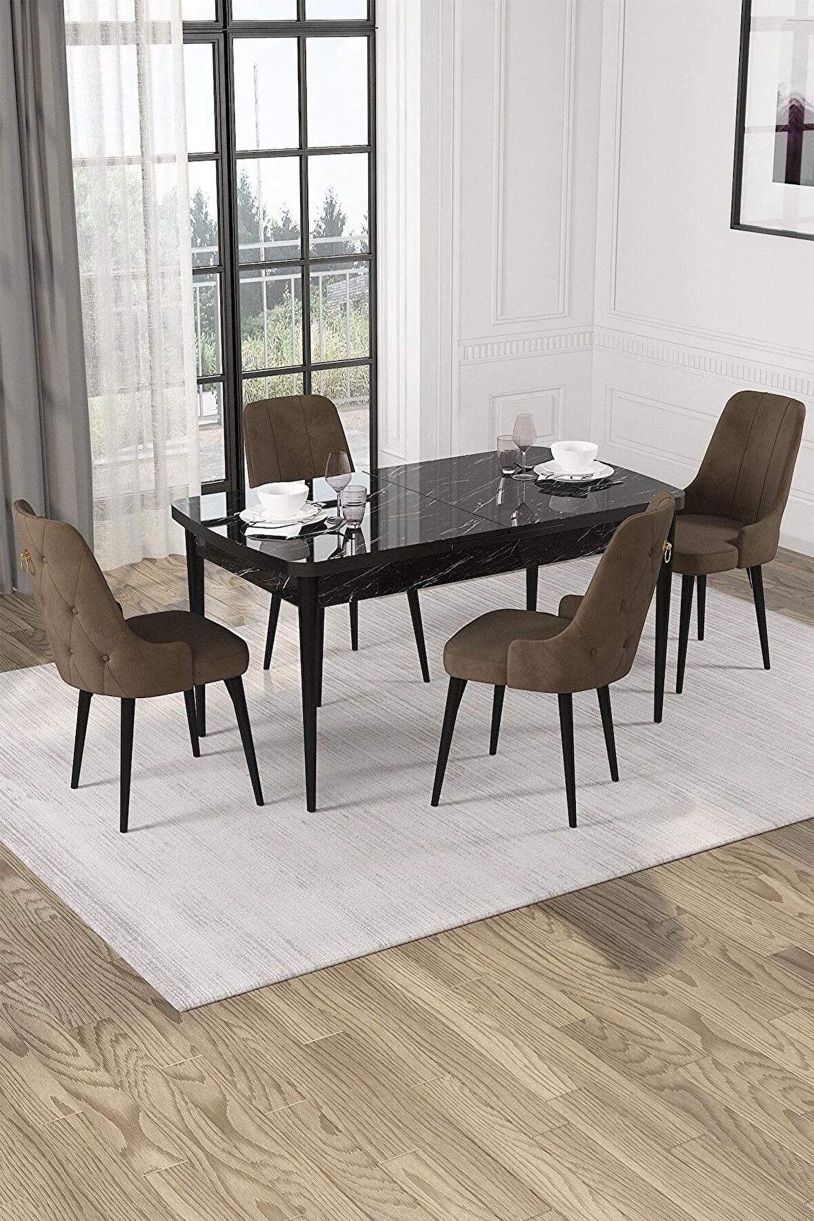 Rovena Alya Siyah Mermer 80x132 Açılabilir Mdf Mutfak Masası Takımı 4 Adet Sandalye