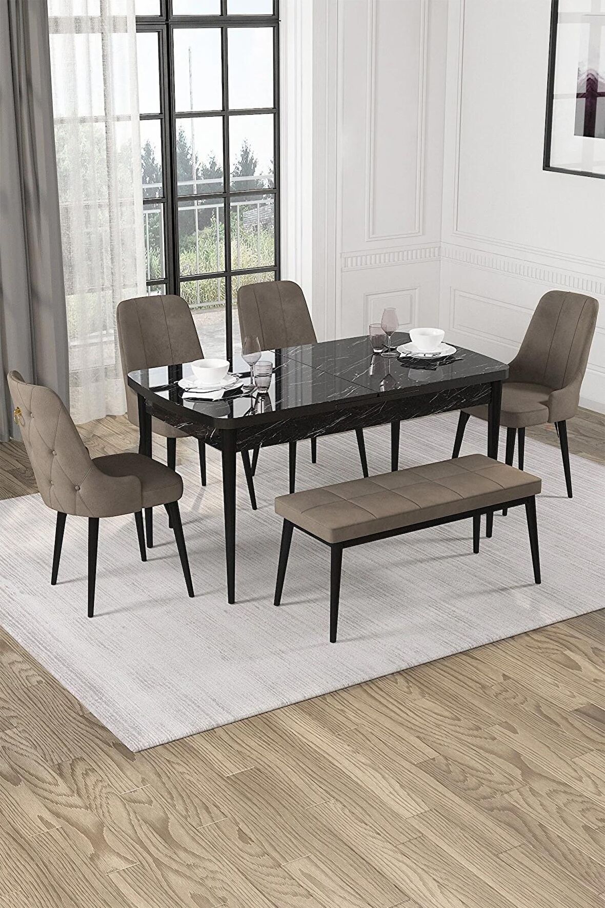 Rovena Alya Siyah Mermer 80x132 Açılabilir Mdf Mutfak Masası Takımı 4 Adet Sandalye+1 Bench