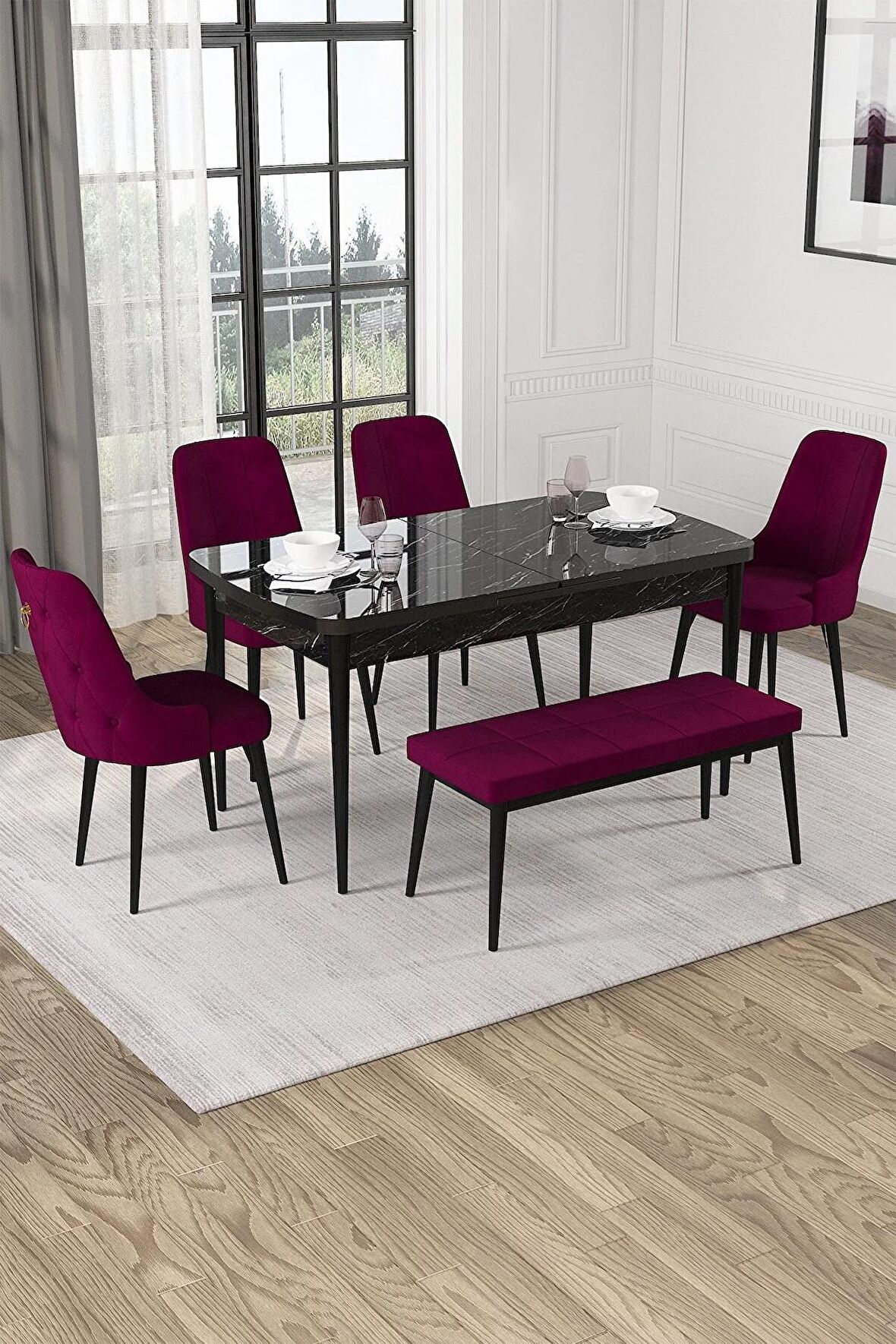 Rovena Alya Siyah Mermer 80x132 Açılabilir Mdf Mutfak Masası Takımı 4 Adet Sandalye+1 Bench