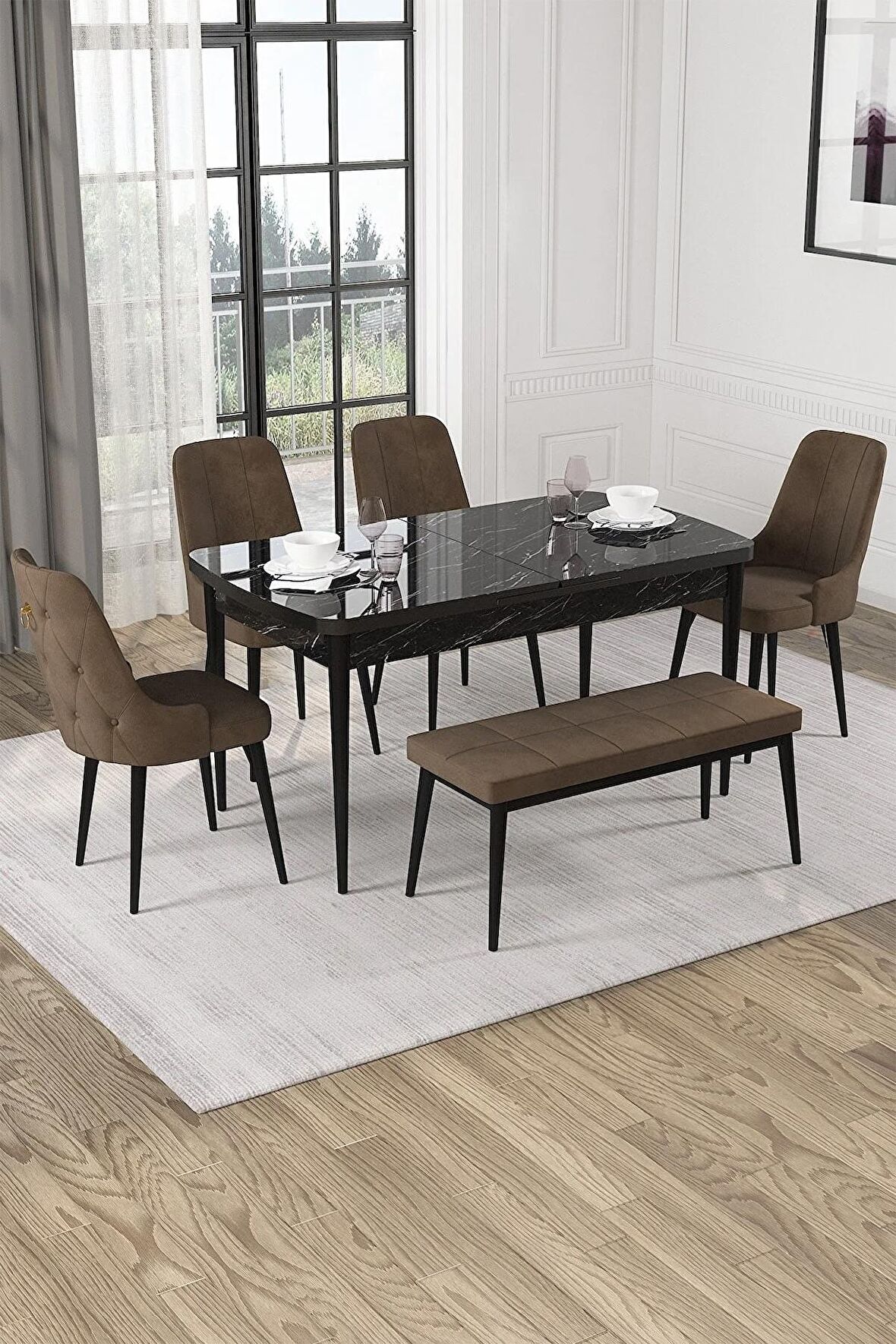 Rovena Alya Siyah Mermer 80x132 Açılabilir Mdf Mutfak Masası Takımı 4 Adet Sandalye+1 Bench