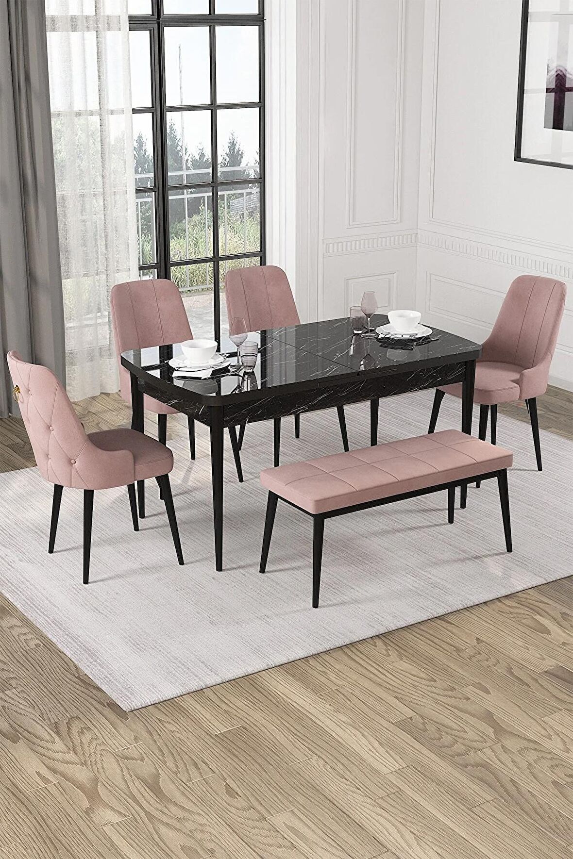 Rovena Alya Siyah Mermer 80x132 Açılabilir Mdf Mutfak Masası Takımı 4 Adet Sandalye+1 Bench