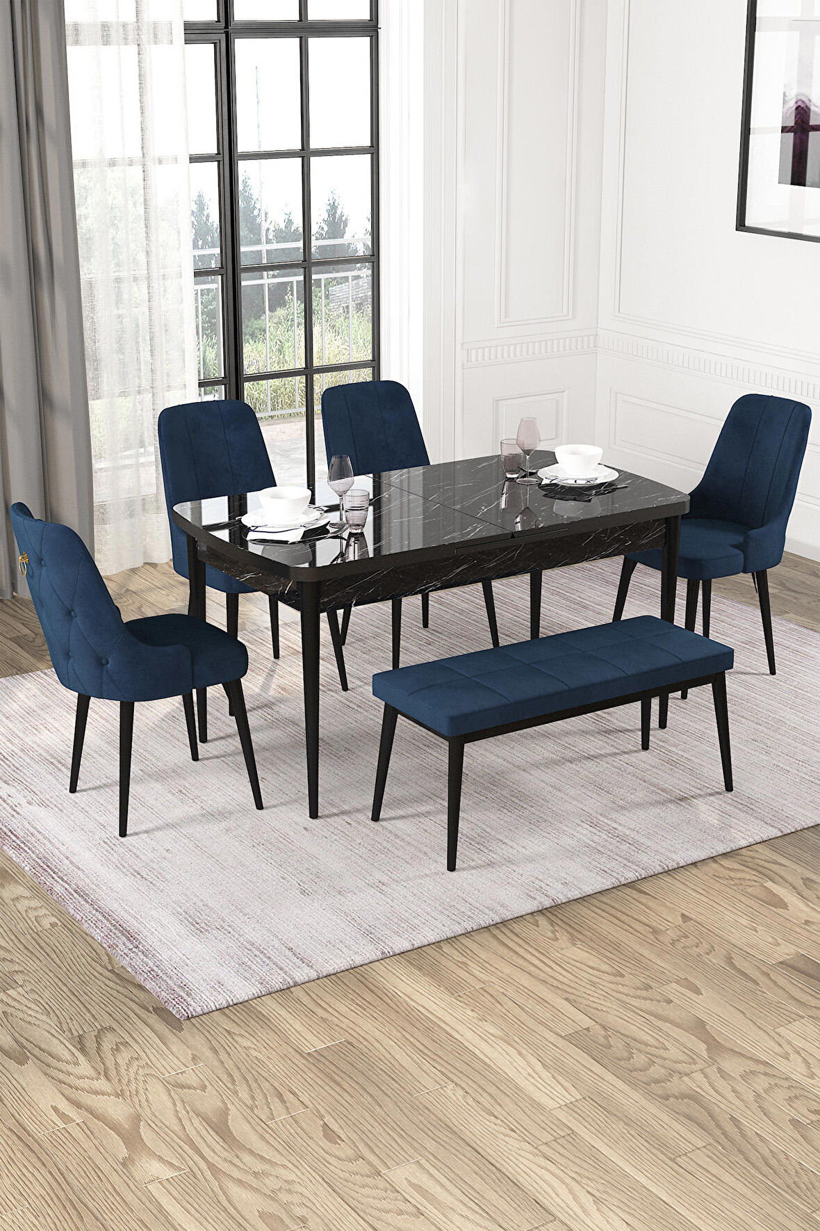 Rovena Alya Siyah Mermer 80x132 Açılabilir Mdf Mutfak Masası Takımı 4 Adet Sandalye+1 Bench